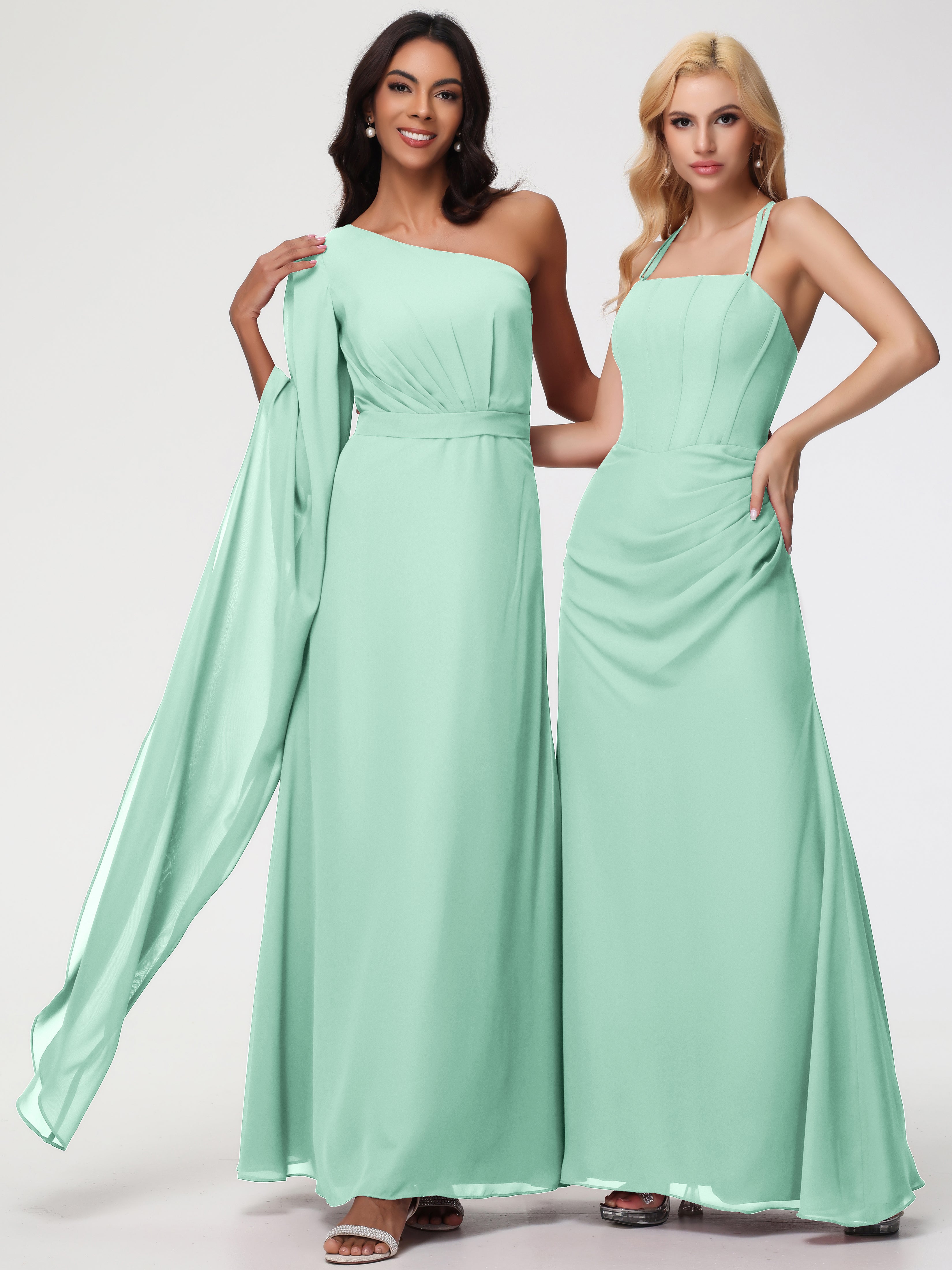 One Shoulder A-Line Pleats Floor-Length Chiffon Bridesmaid Dresses