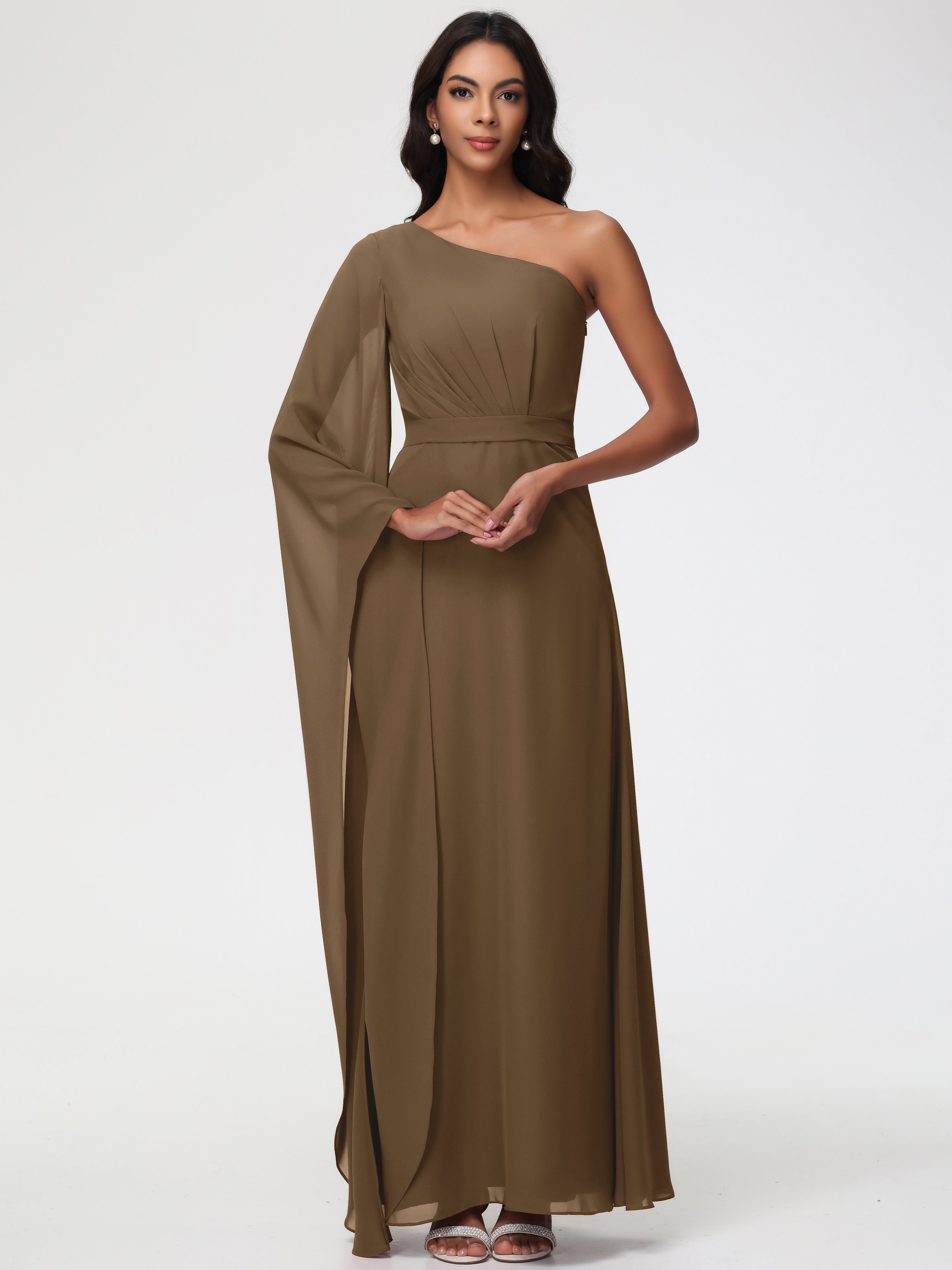 Bridesmaid Dress Mocha One Shoulder A-Line Pleats Floor-Length Chiffon Bridesmaid Dress Mocha One Shoulder A-Line Pleats Floor-Length Chiffon