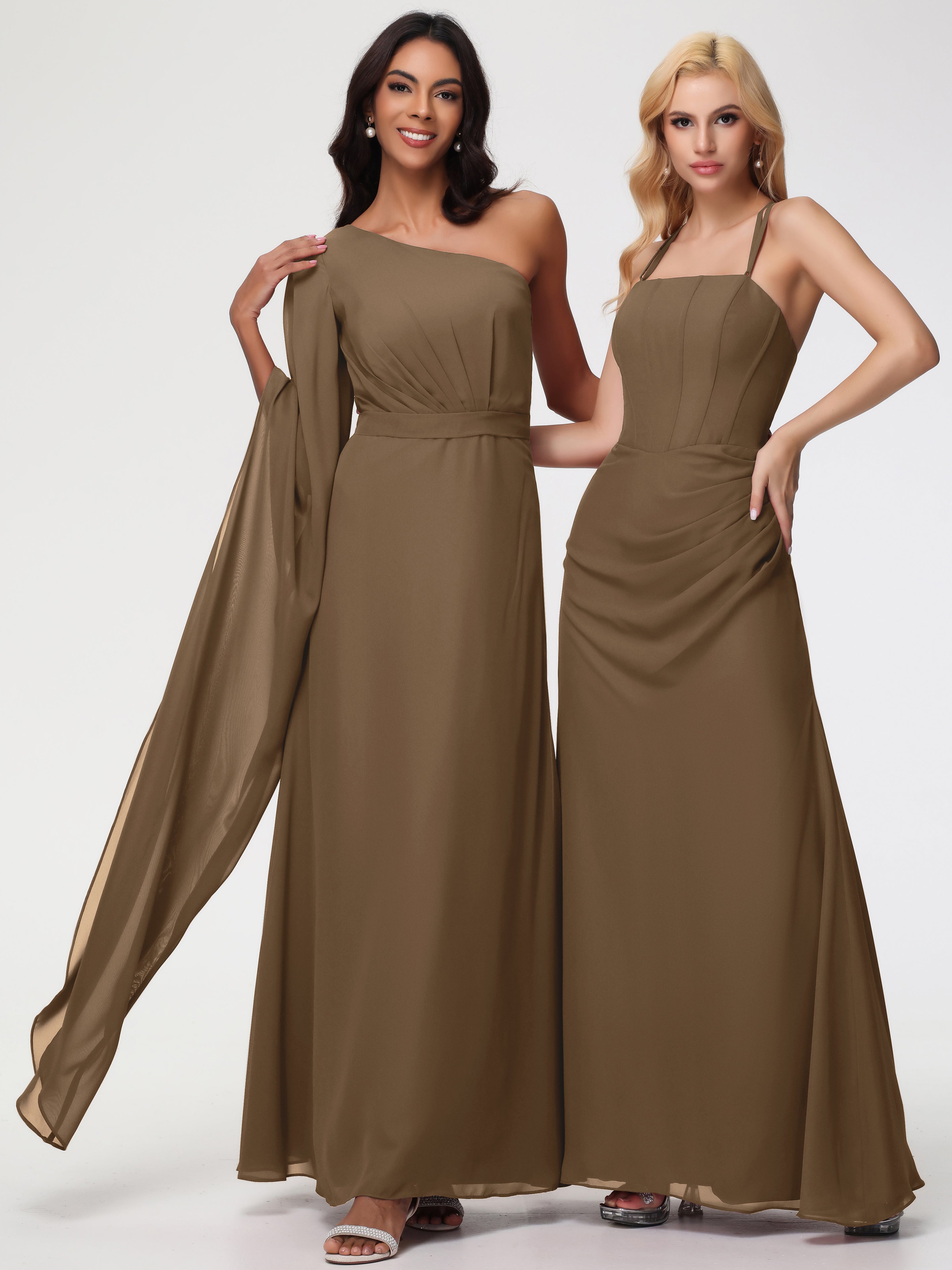 One Shoulder A-Line Pleats Floor-Length Chiffon Bridesmaid Dresses