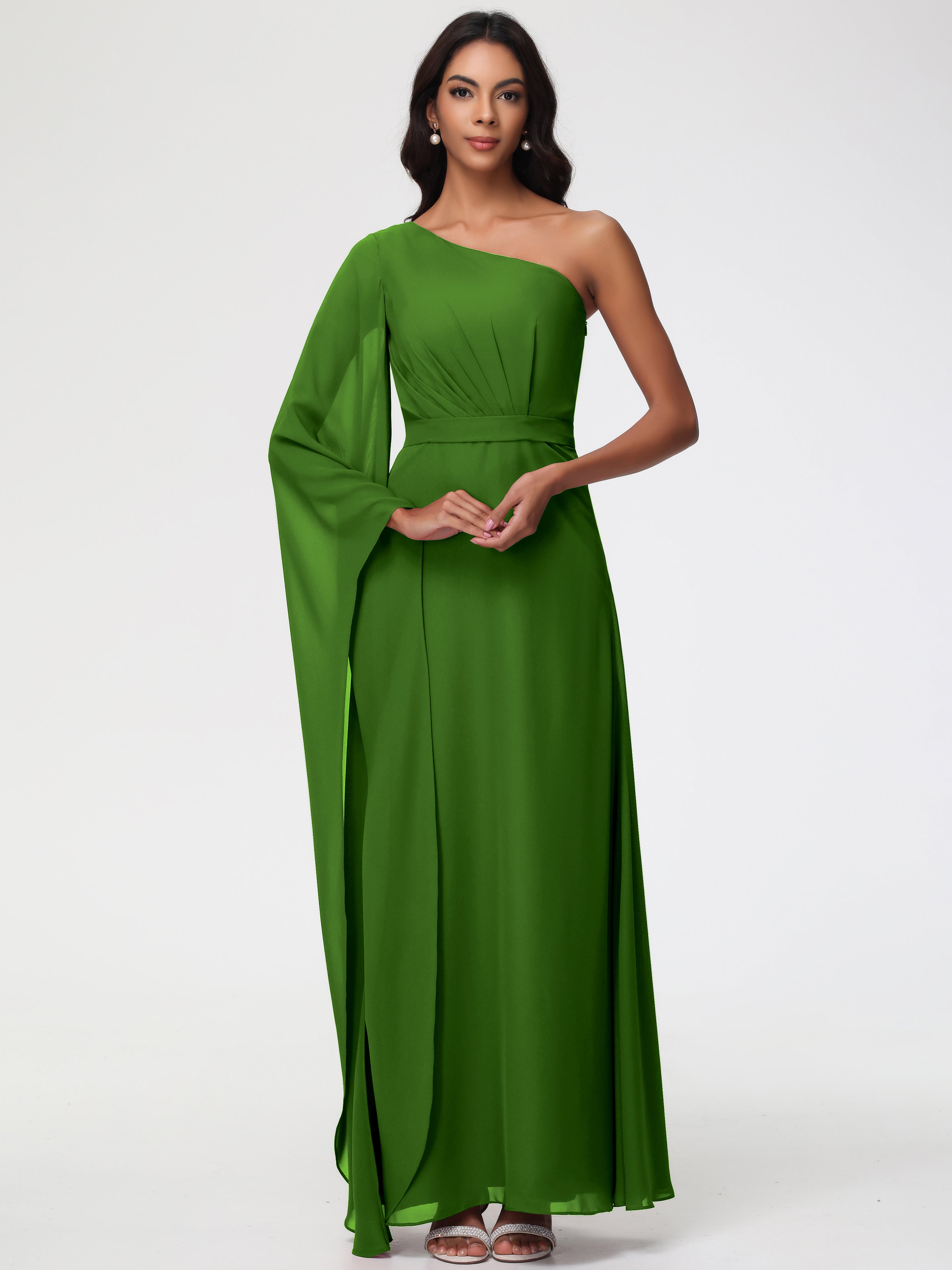 One Shoulder A-Line Pleats Floor-Length Chiffon Bridesmaid Dresses
