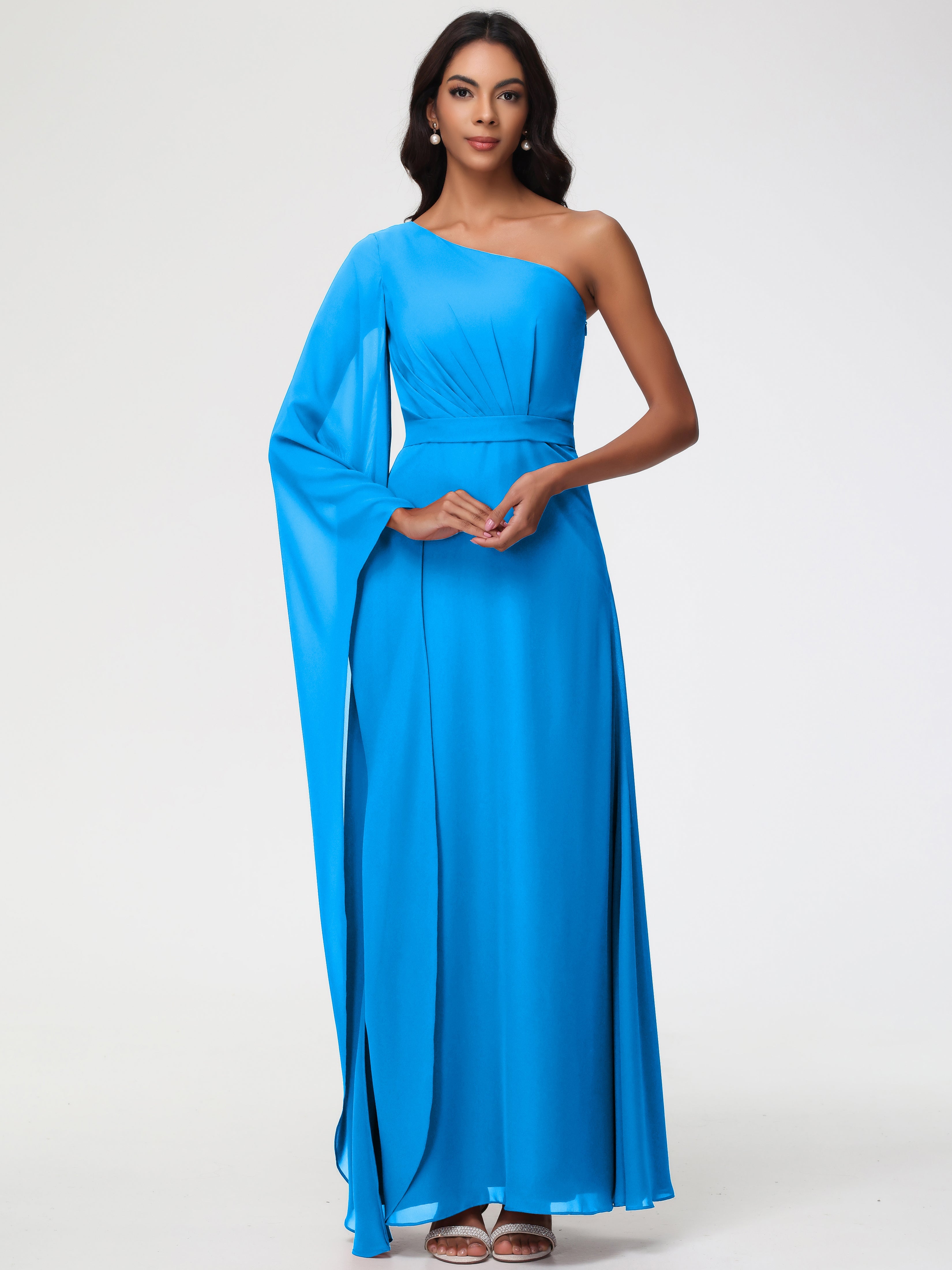 ocean blue bridesmaid dresses uk Classy A-line Cold Shoulder Pleated Floor-Length Chiffon Bridesmaid Dress