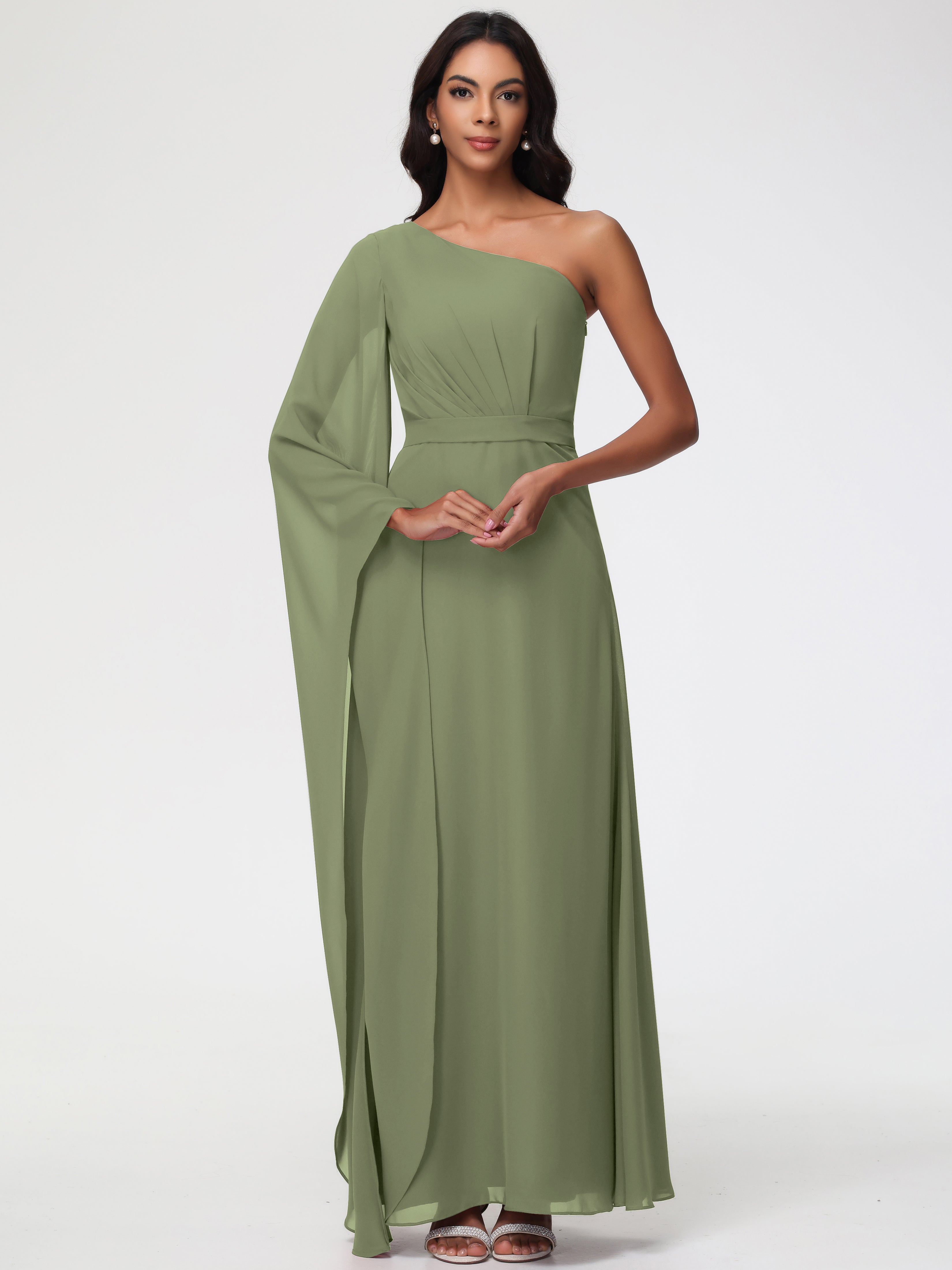 Chiffon Olive Green Bridesmaid Dresses One Shoulder A-Line Pleats Floo Chiffon Olive Green Bridesmaid Dresses One Shoulder A-Line Pleats Floo