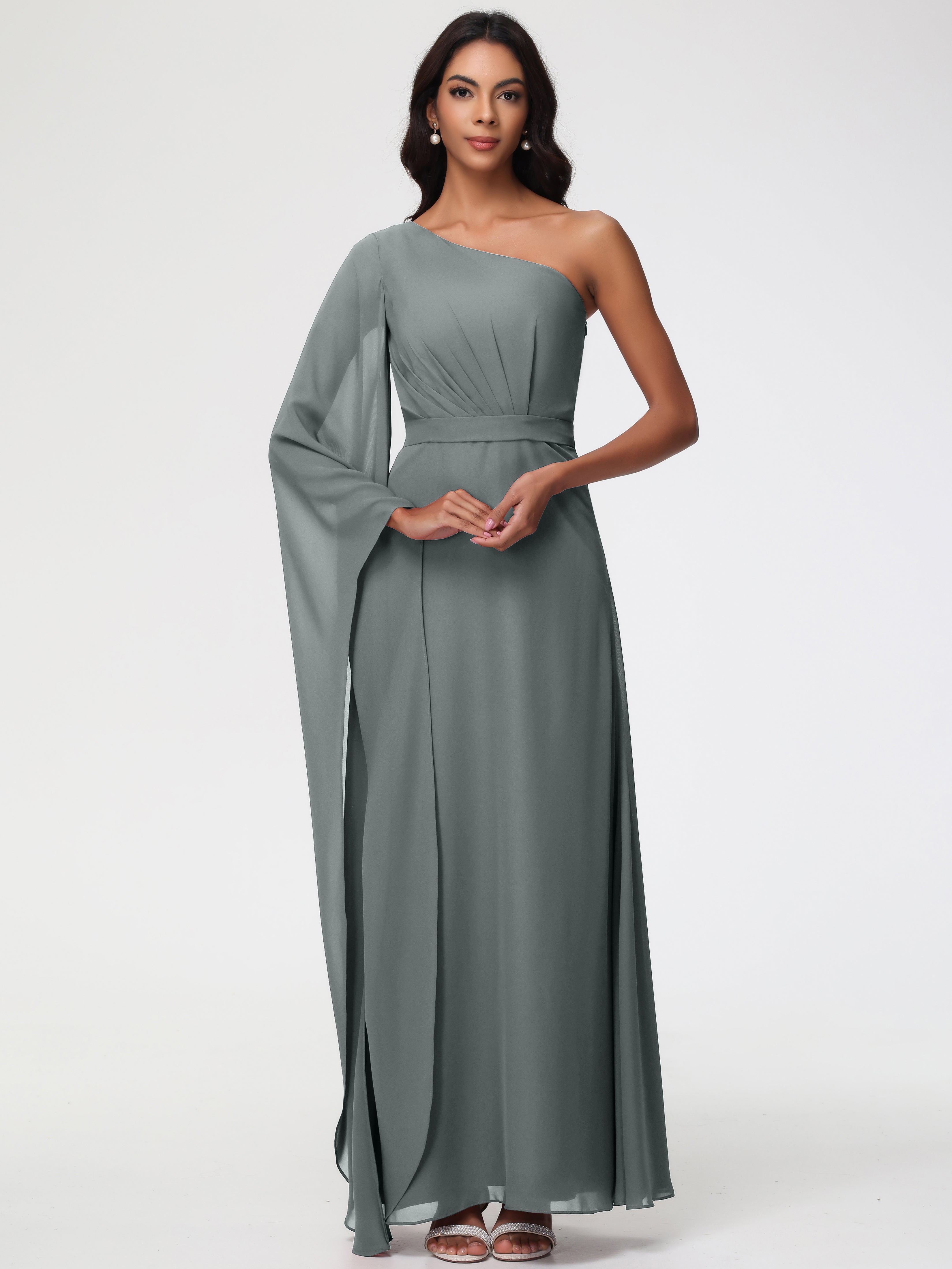 Steel Blue Grey Bridesmaid Dresses One Shoulder A-Line Pleats Floor-Le