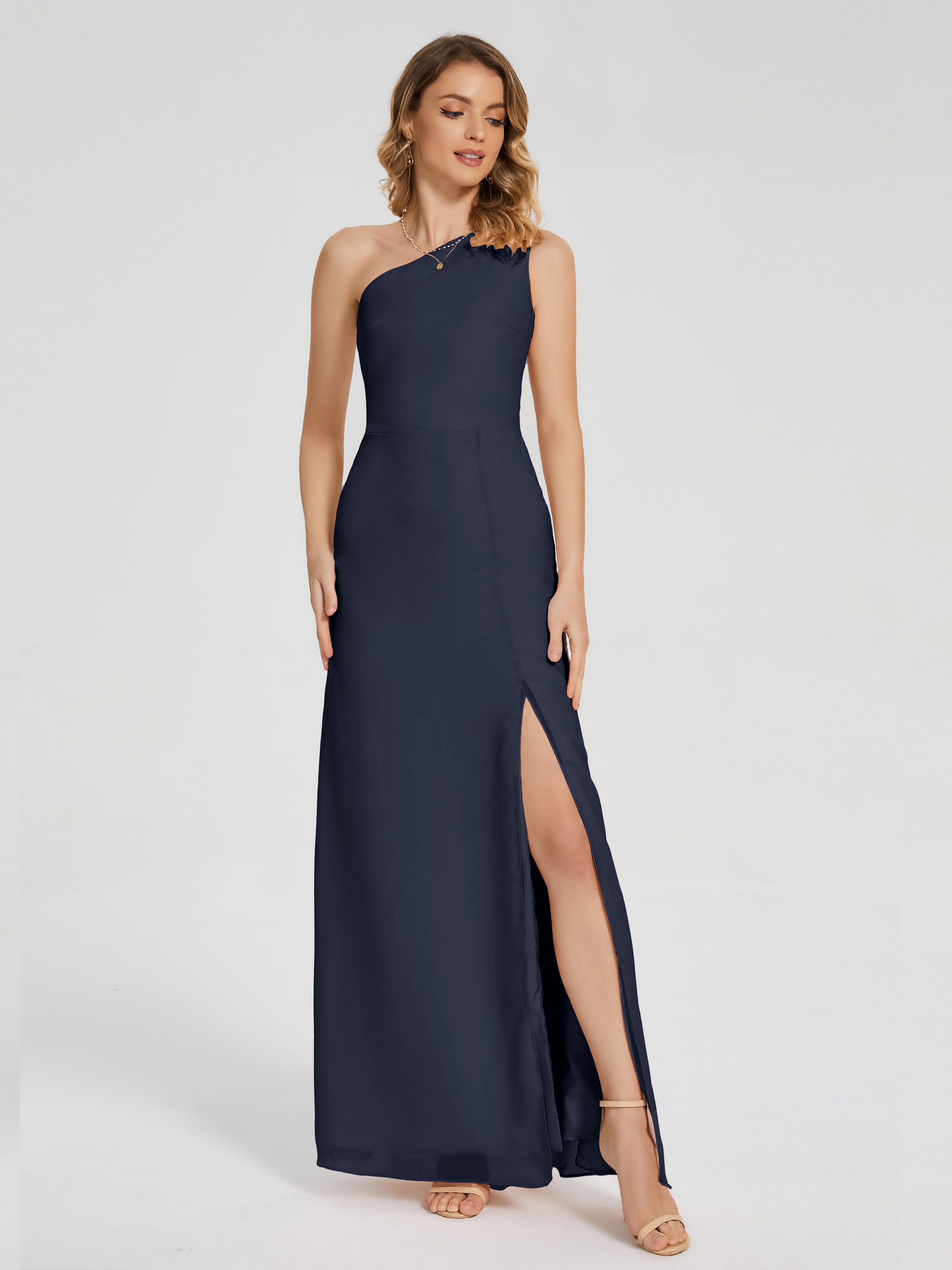 Dark Navy Bridesmaid Dresses Uk River Simple One Shoulder Split Chiffo
