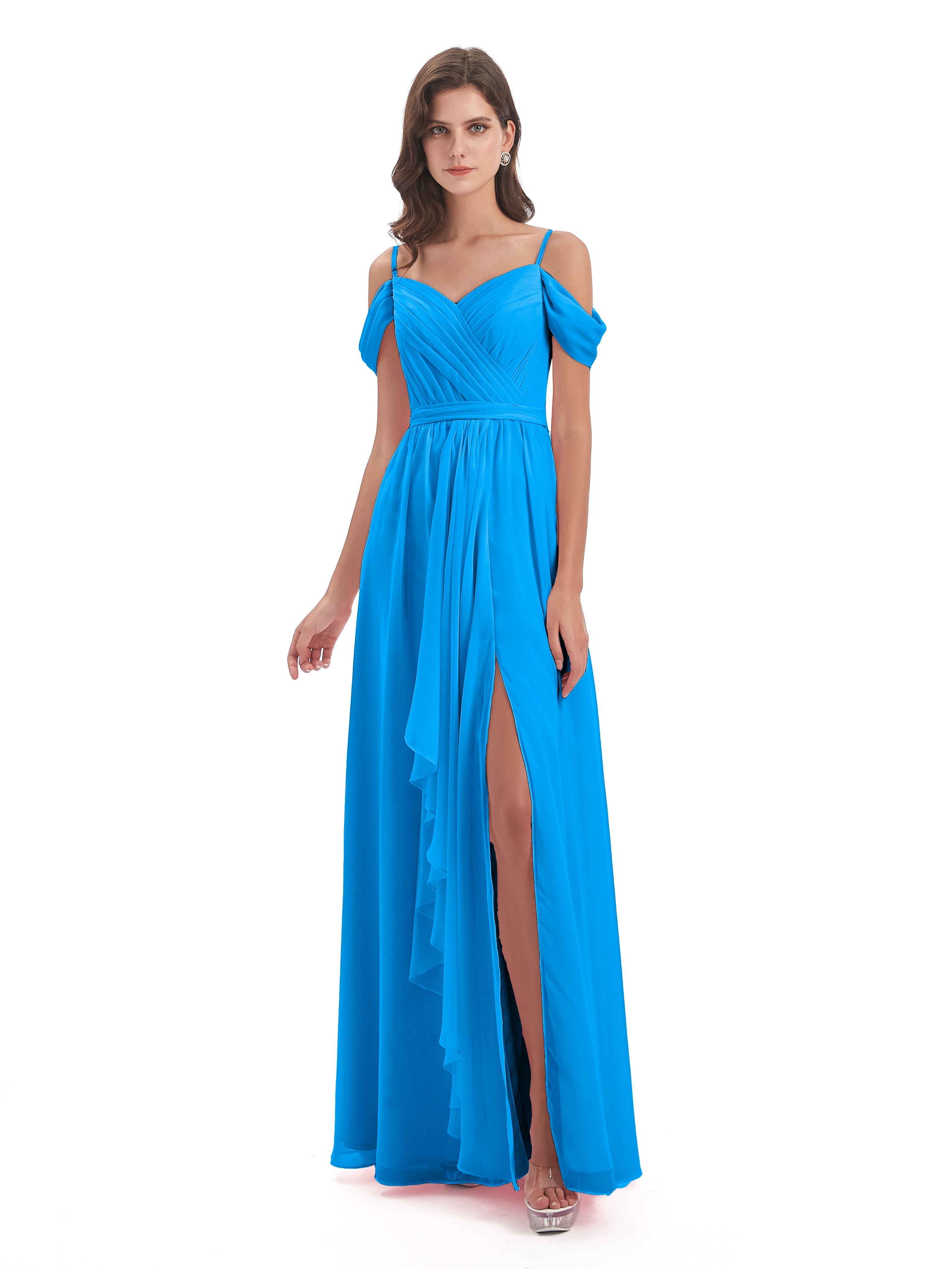 Bridesmaid Dresses Ocean Blue Affordable A-Line Split Long Chiffon Bri