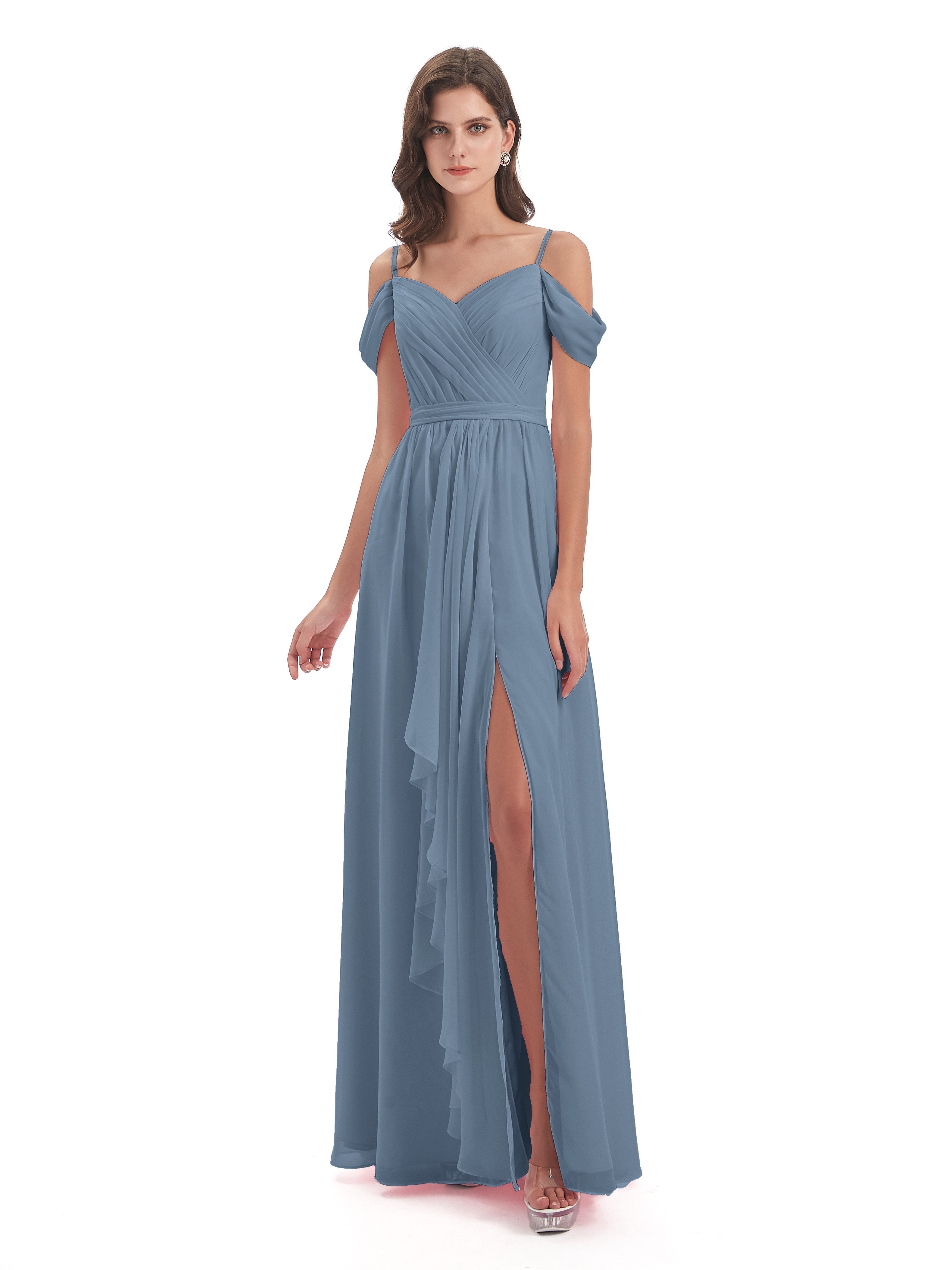 Bridesmaid Dresses Slate Blue Affordable A-Line Split Long Chiffon Bri