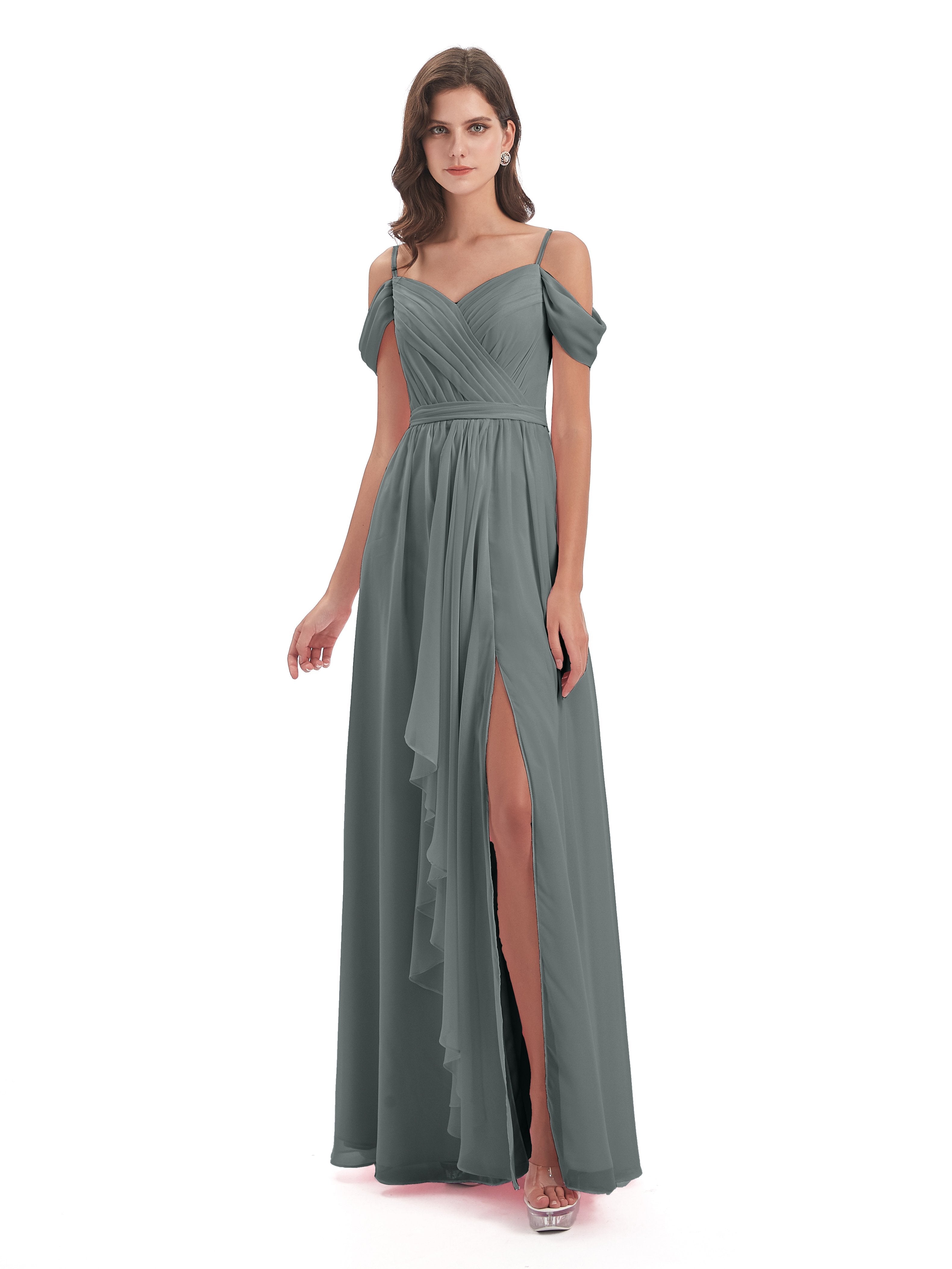 Steel Blue Grey Bridesmaid Dresses Affordable A-Line Split Long Chiffo