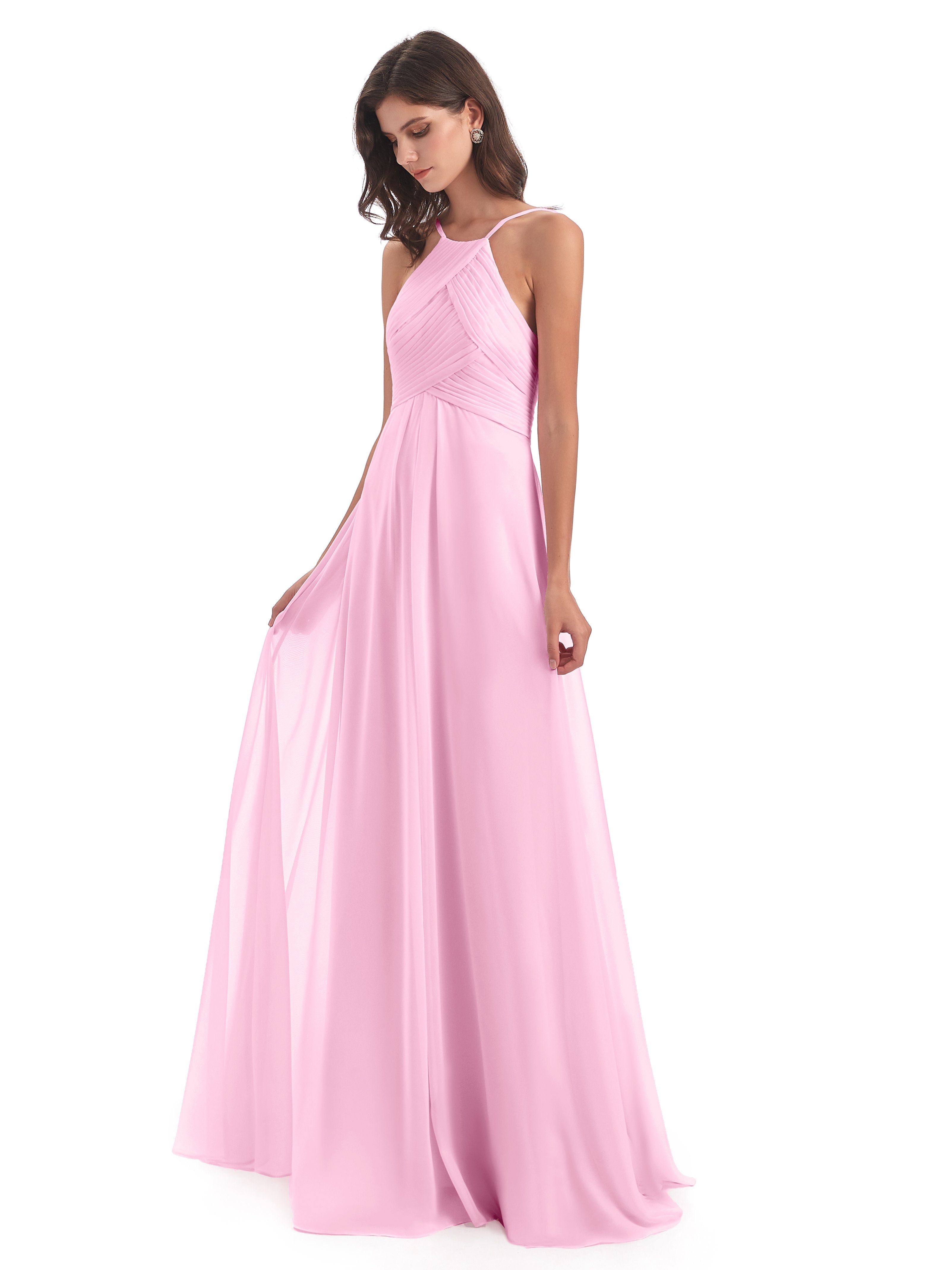 Candy Pink Bridesmaid Dresses Zipper Back Chiffon Long Bridesmaid Dres