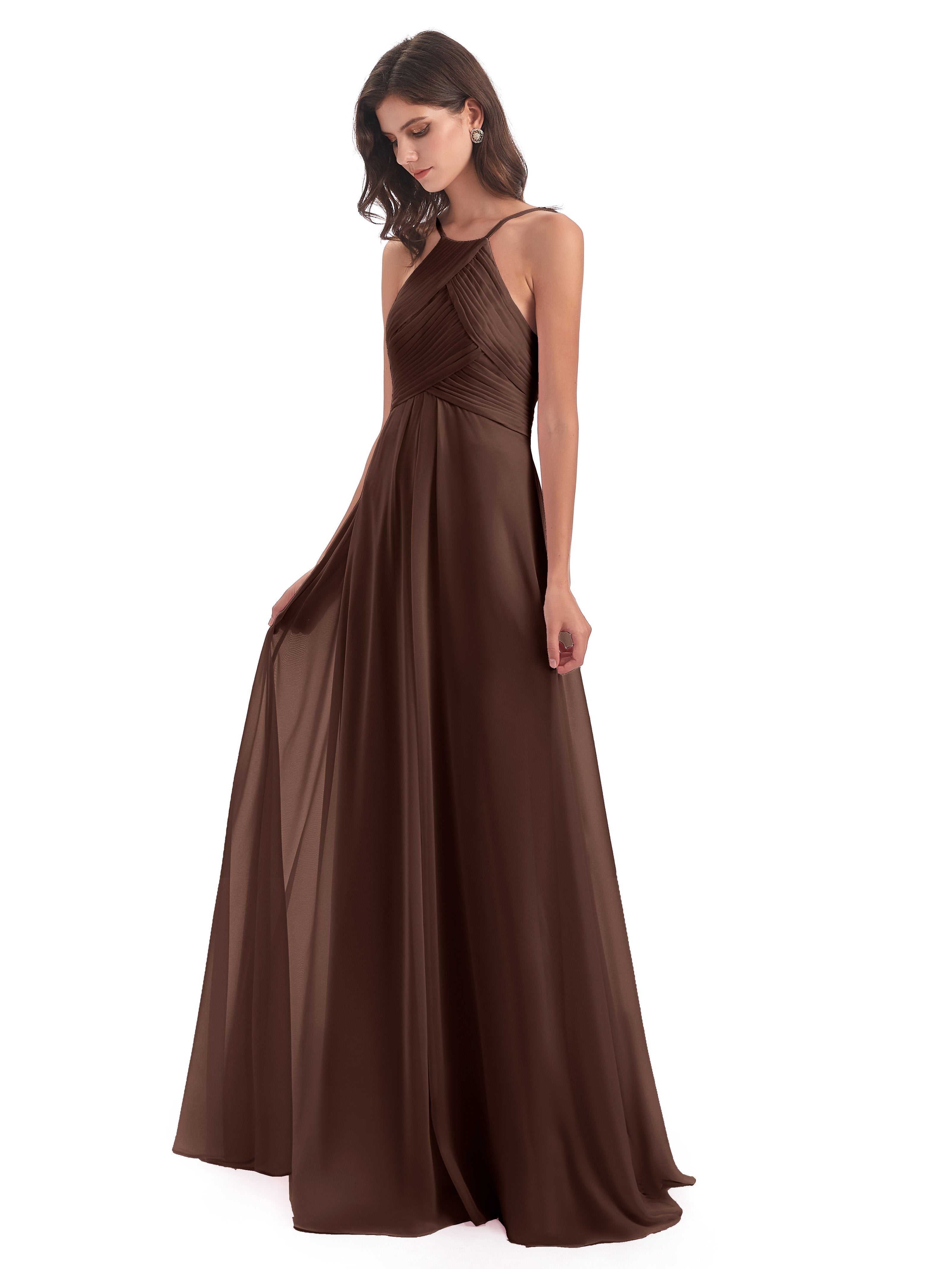 Chocolate Brown Long Bridesmaid Dresses Zipper Back Chiffon Long Bride