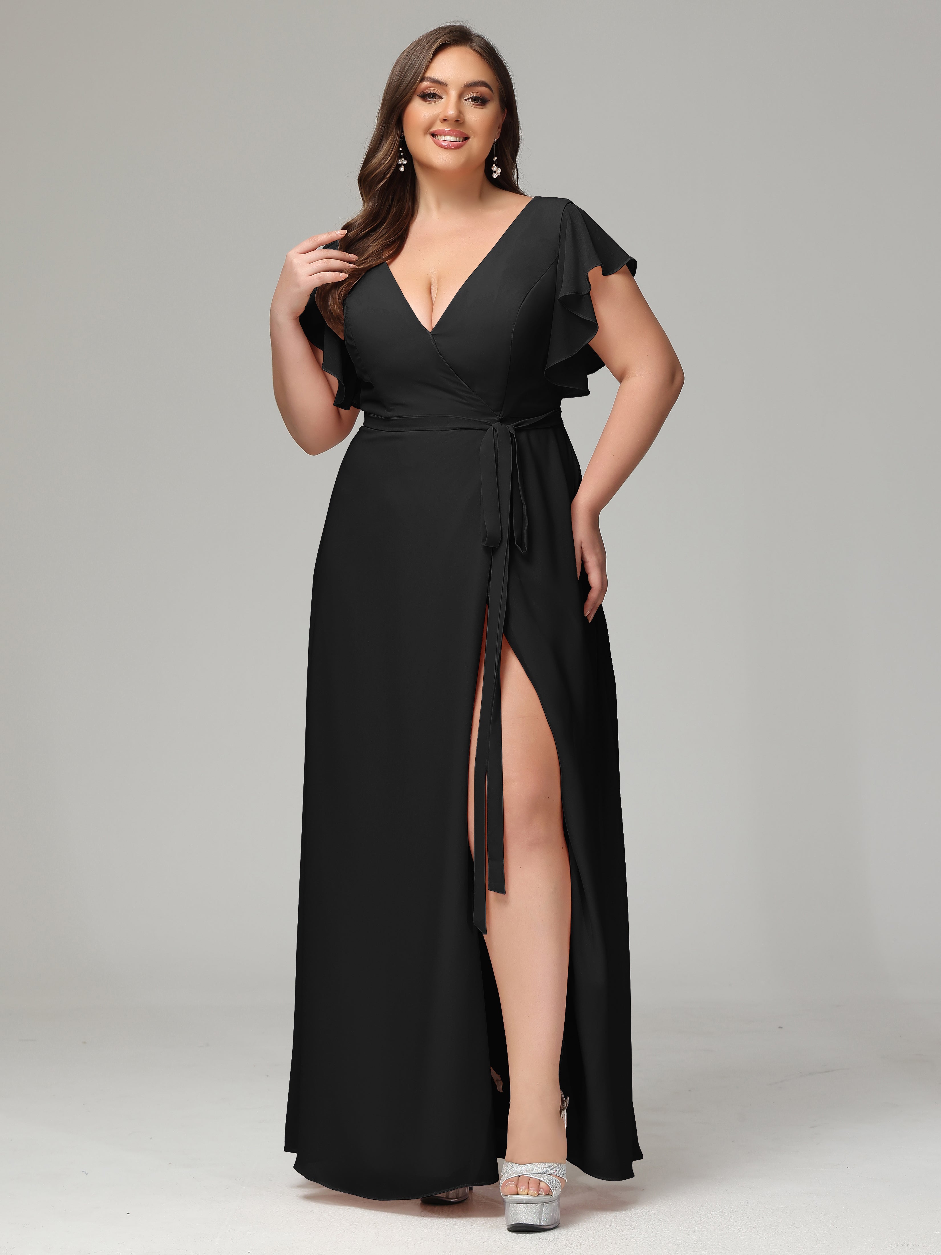 Black Bridesmaid Dress Uk Ruffles Sleeves Chiffon Plus Size Bridesmaid