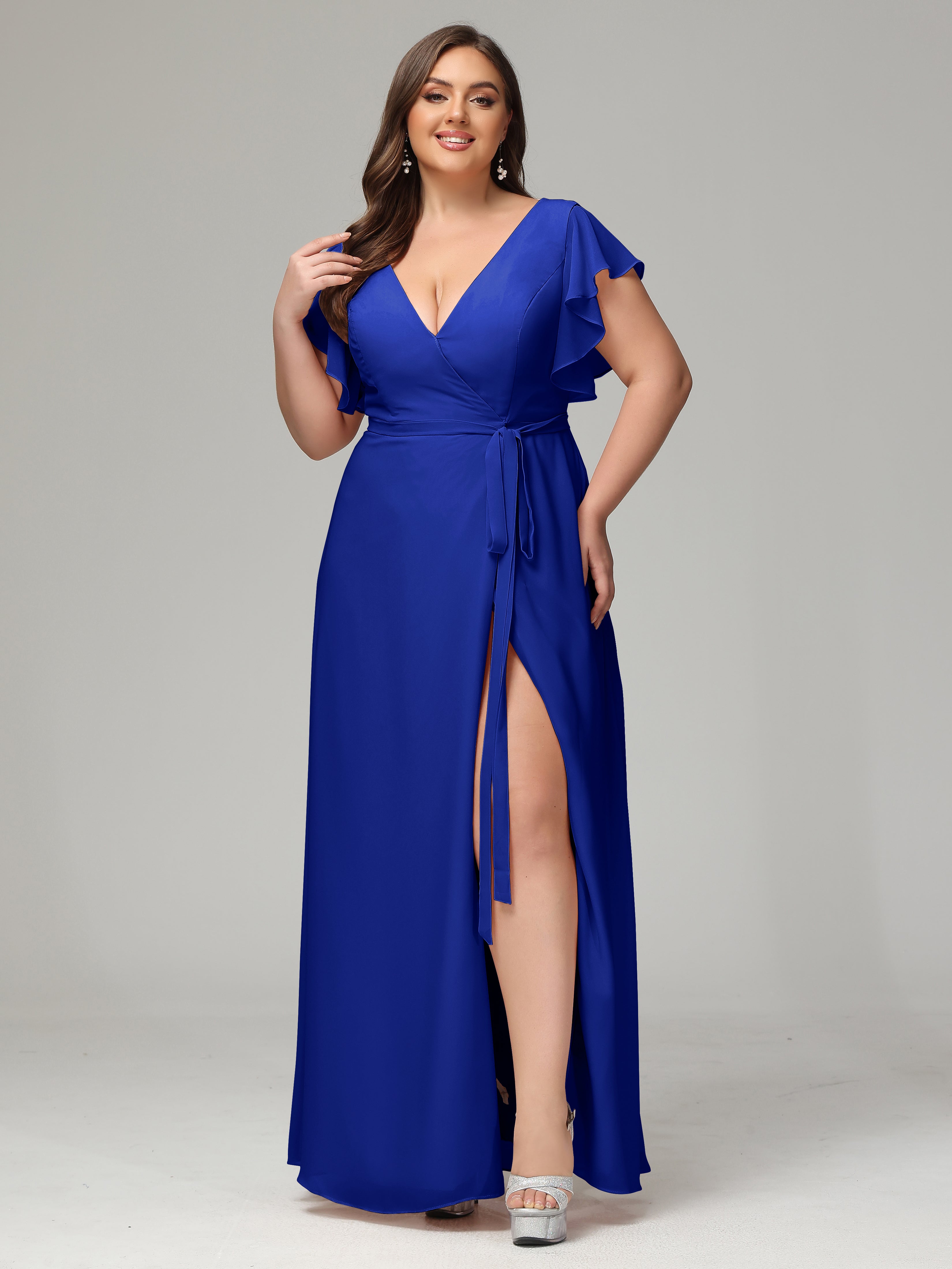 Wedding Royal Blue Bridesmaid Dresses Ruffles Sleeves Chiffon Plus Siz