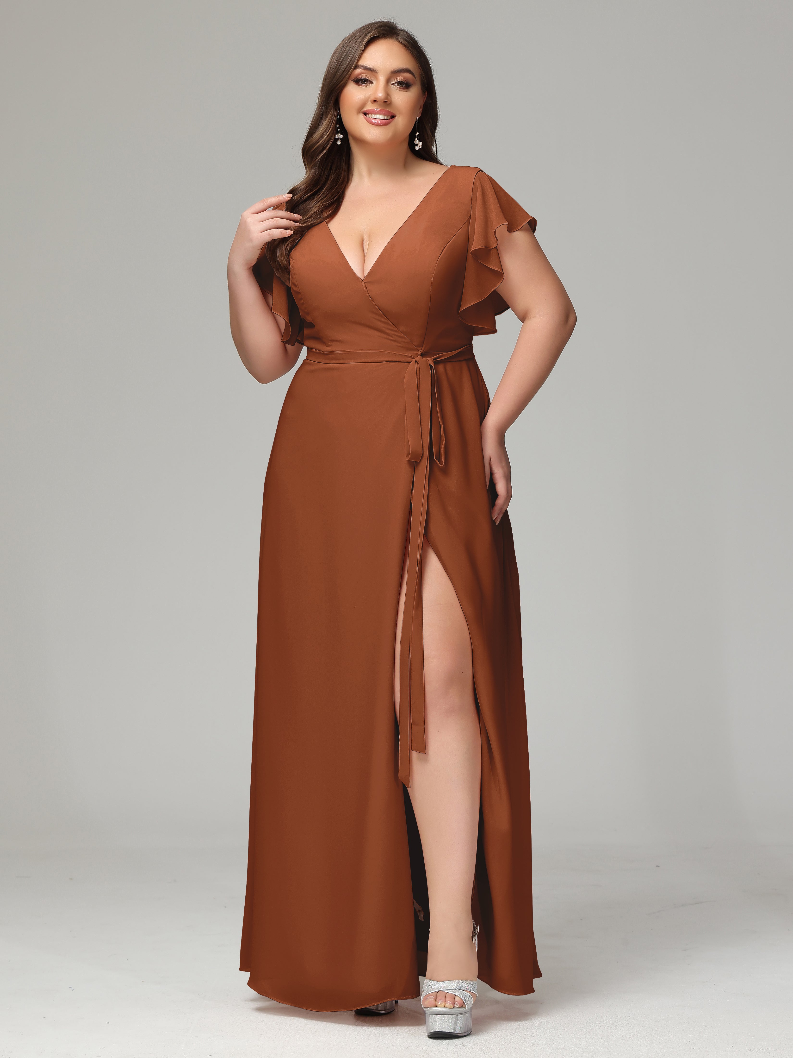 Bridesmaid Terracotta Dress Ruffles Sleeves Chiffon Plus Size Bridesma
