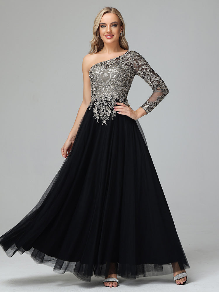 Gorgeous One-Shoulder Floor Length Short Sleeves Prom Dresses With Spl