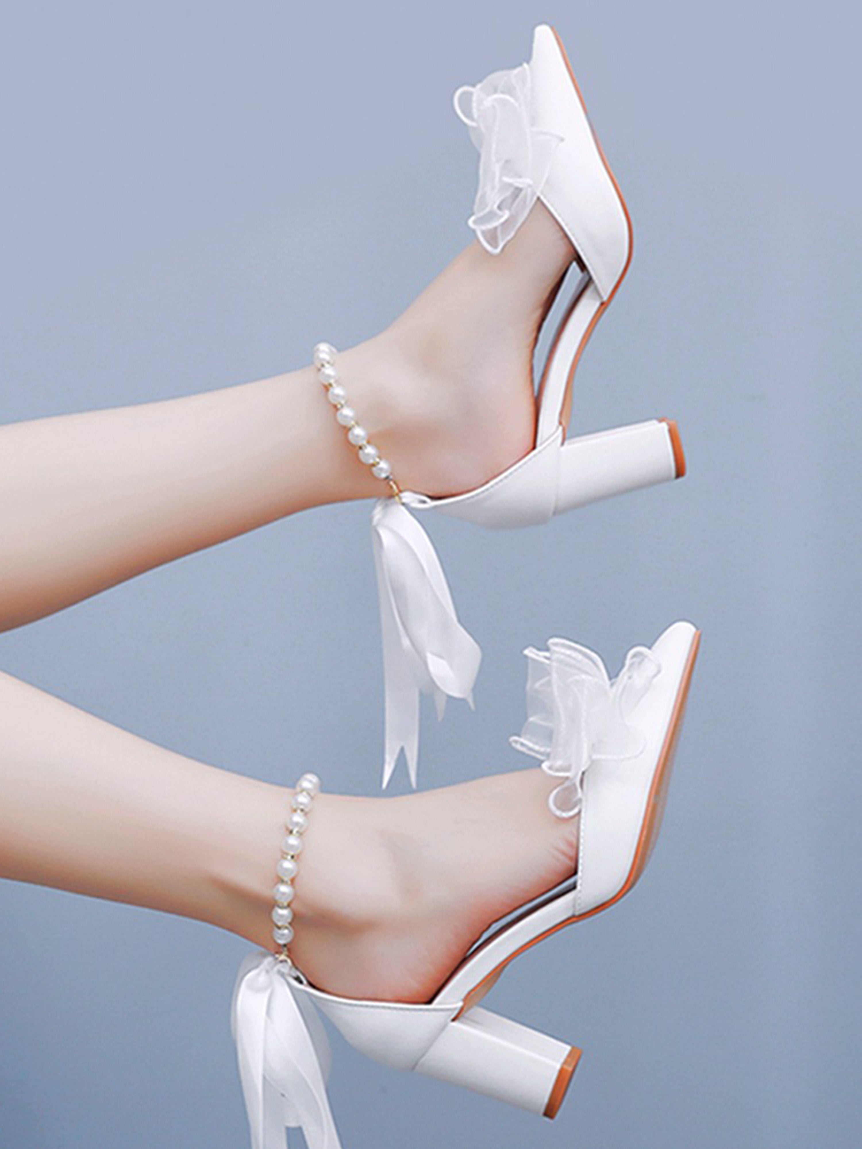 Beaded Flutter Sandals White Bow Wedding Bridal High Heels