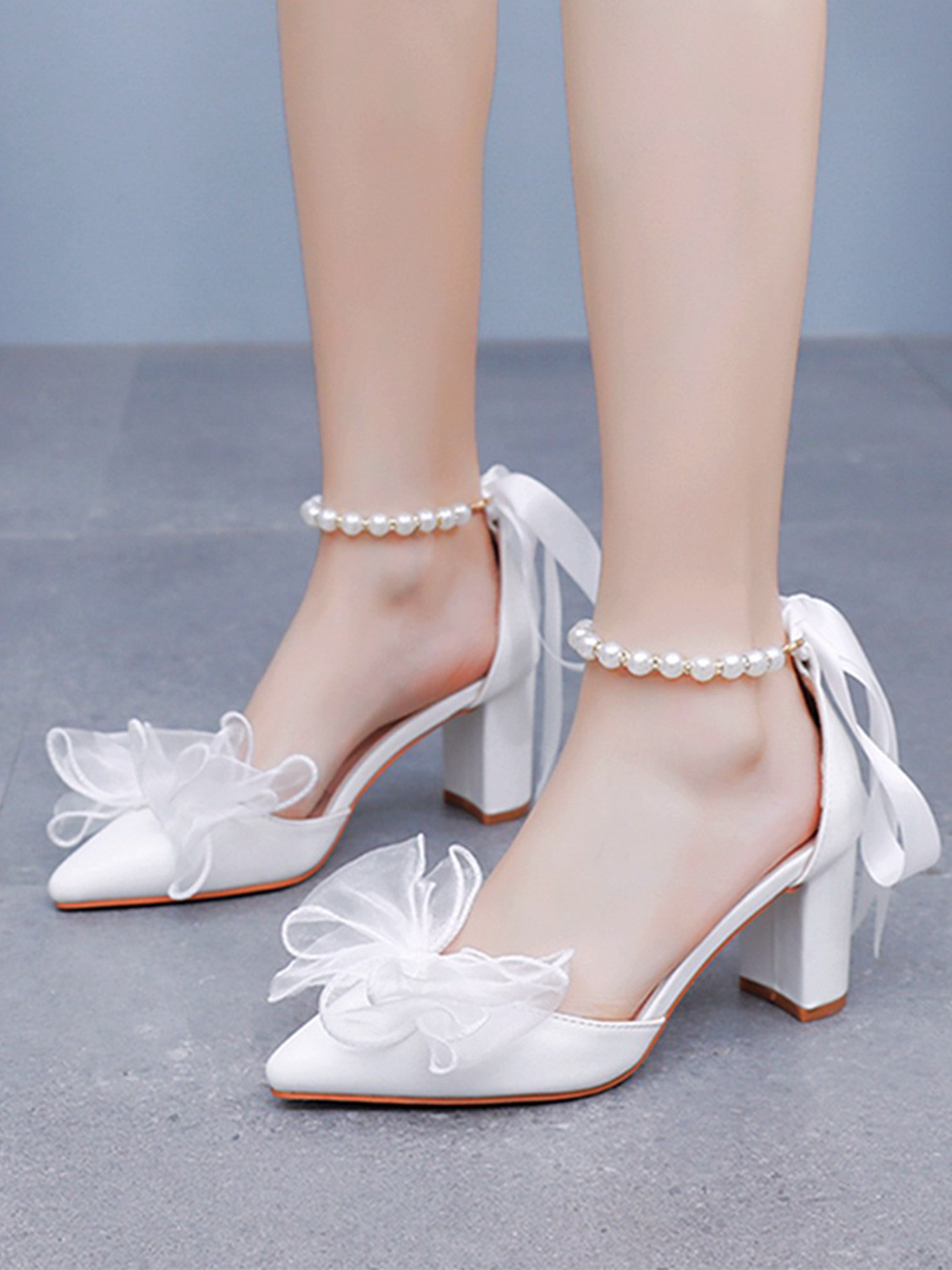 Beaded Flutter Sandals White Bow Wedding Bridal High Heels
