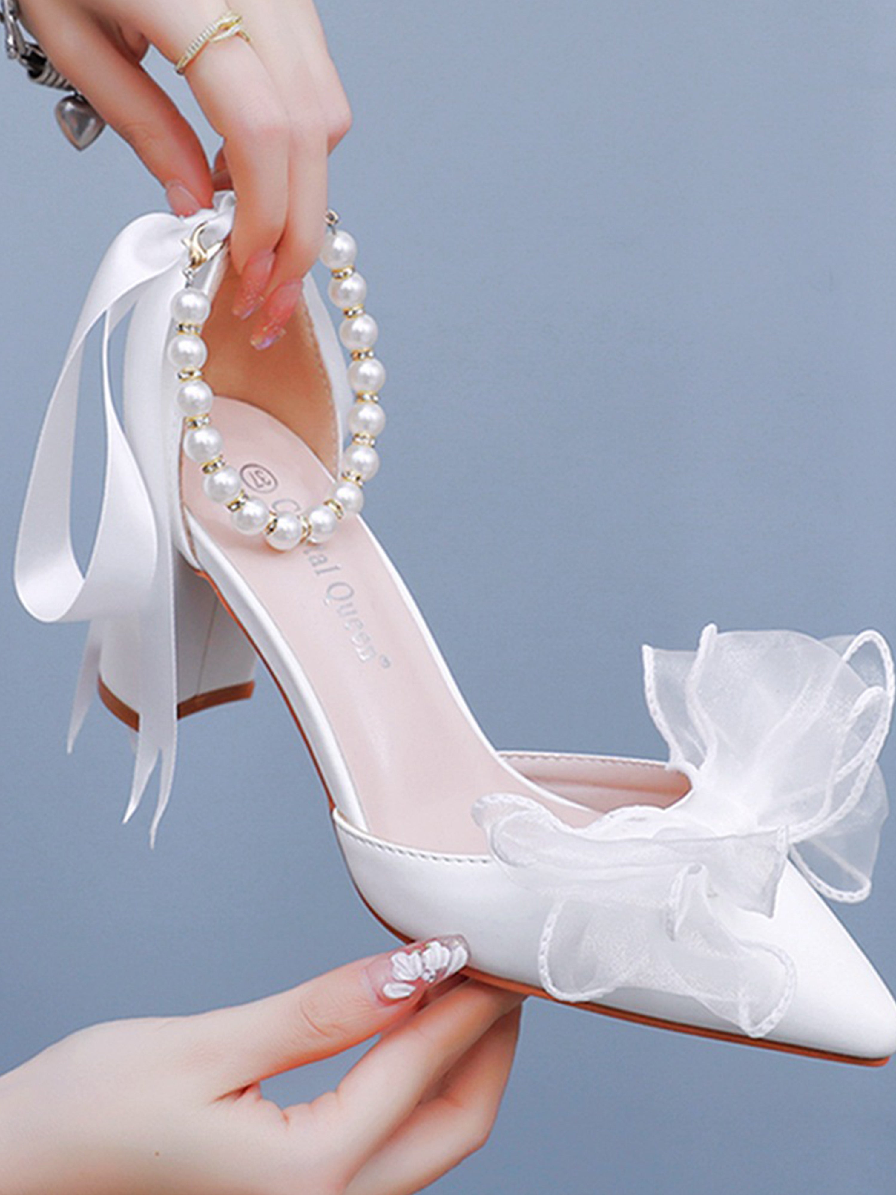 Beaded Flutter Sandals White Bow Wedding Bridal High Heels