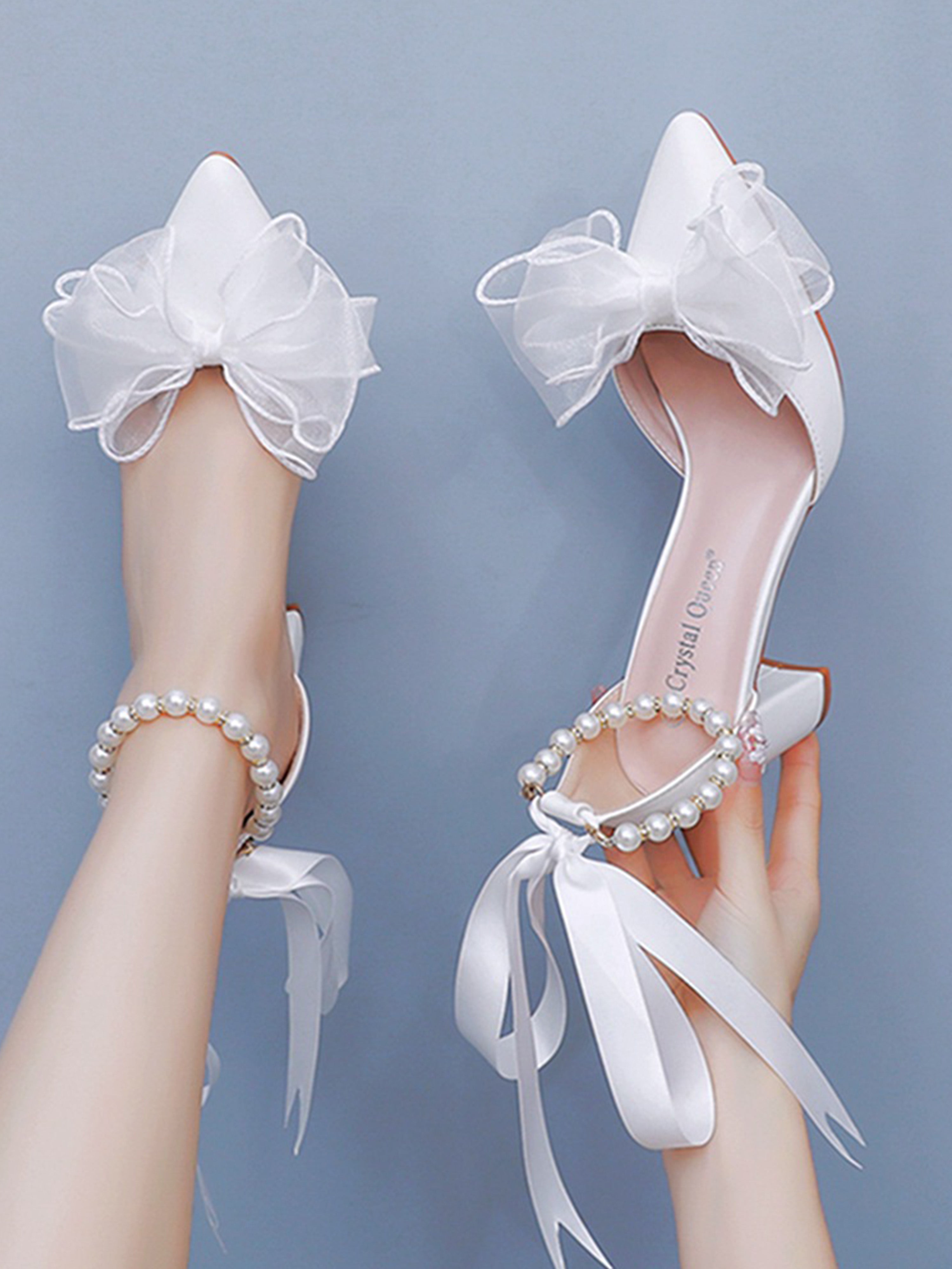 Beaded Flutter Sandals White Bow Wedding Bridal High Heels