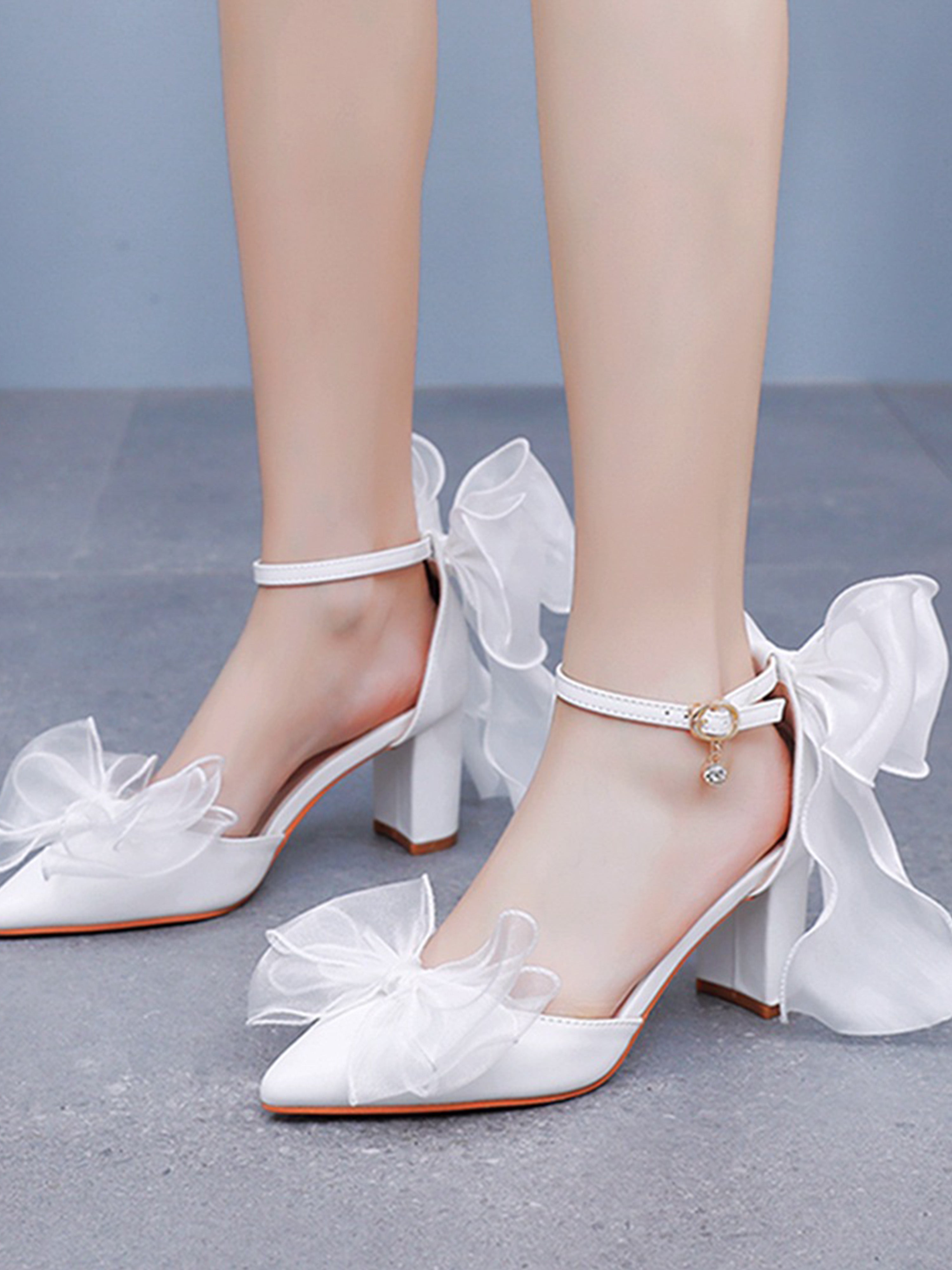 Block Heels White Swallowtail Bow High Heels with Lace