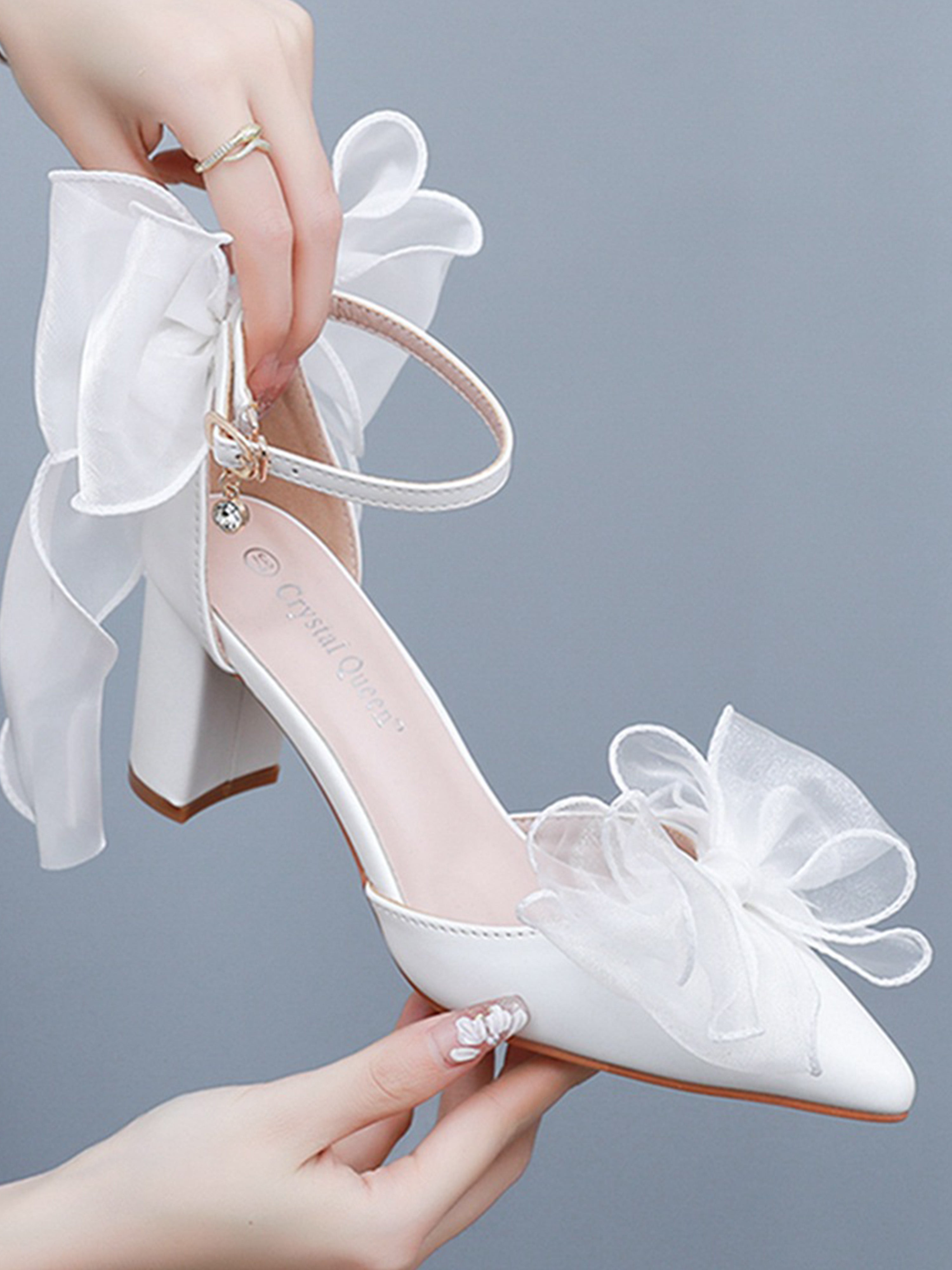 Block Heels White Swallowtail Bow High Heels with Lace