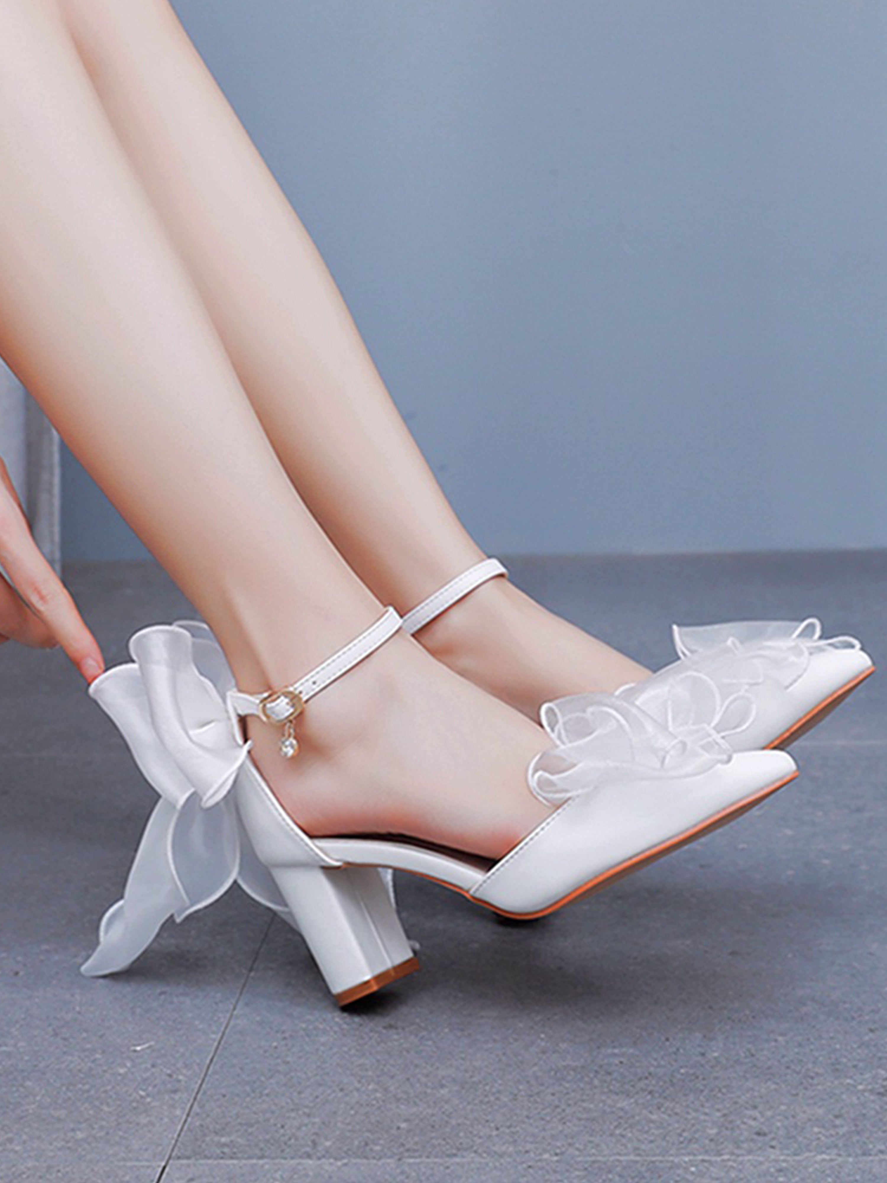 Block Heels White Swallowtail Bow High Heels with Lace