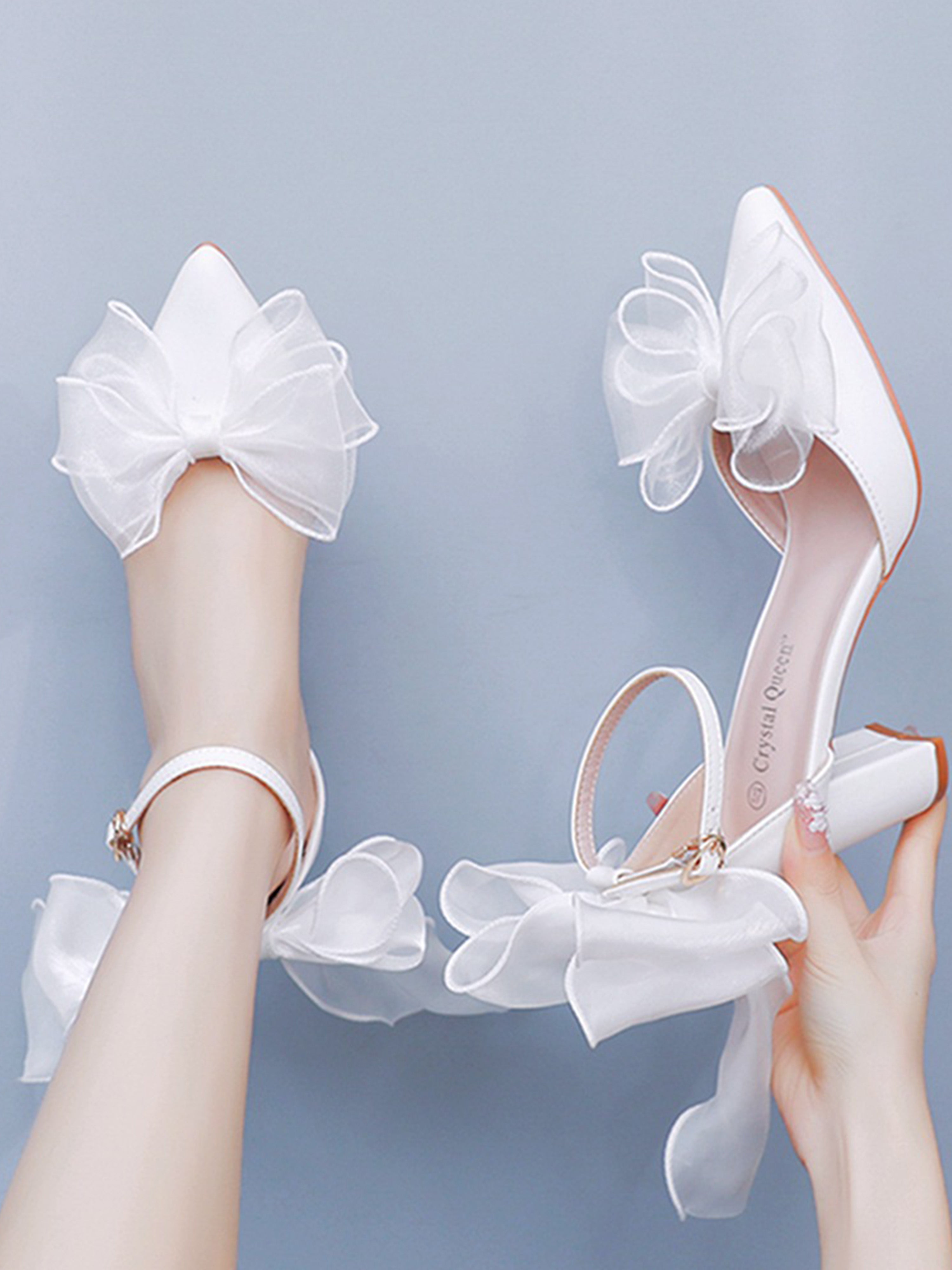 Block Heels White Swallowtail Bow High Heels with Lace