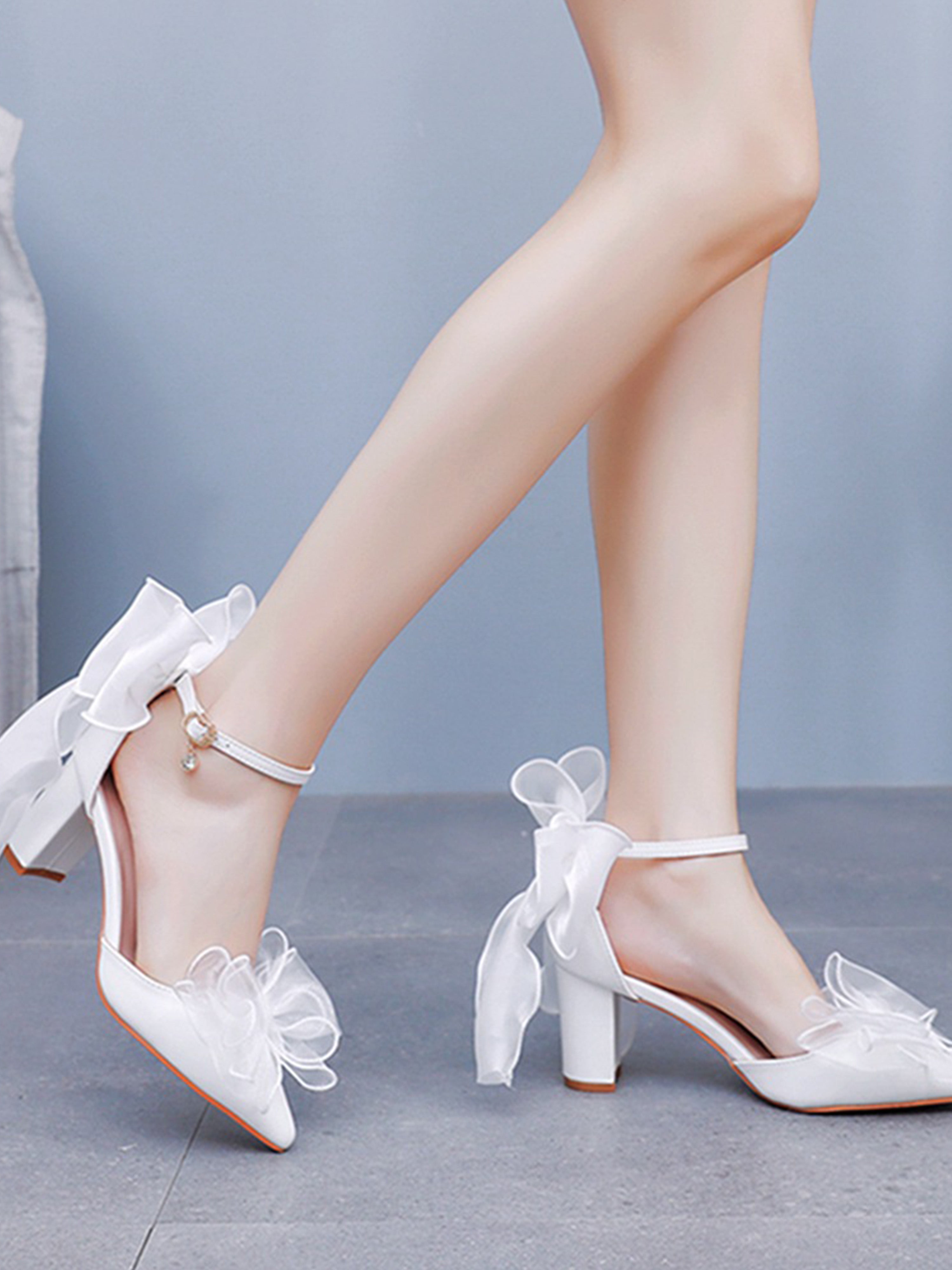 Block Heels White Swallowtail Bow High Heels with Lace