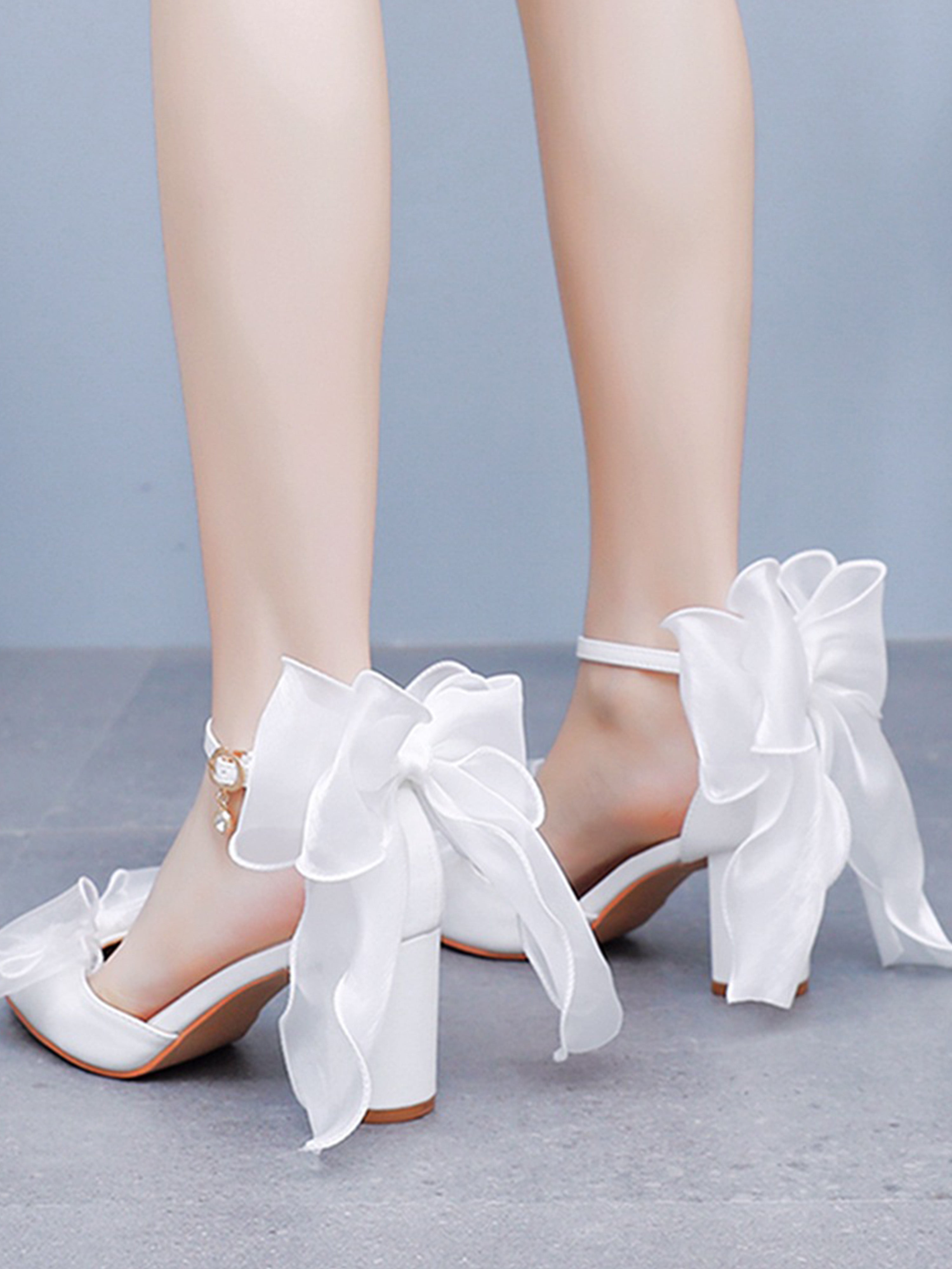 Block Heels White Swallowtail Bow High Heels with Lace