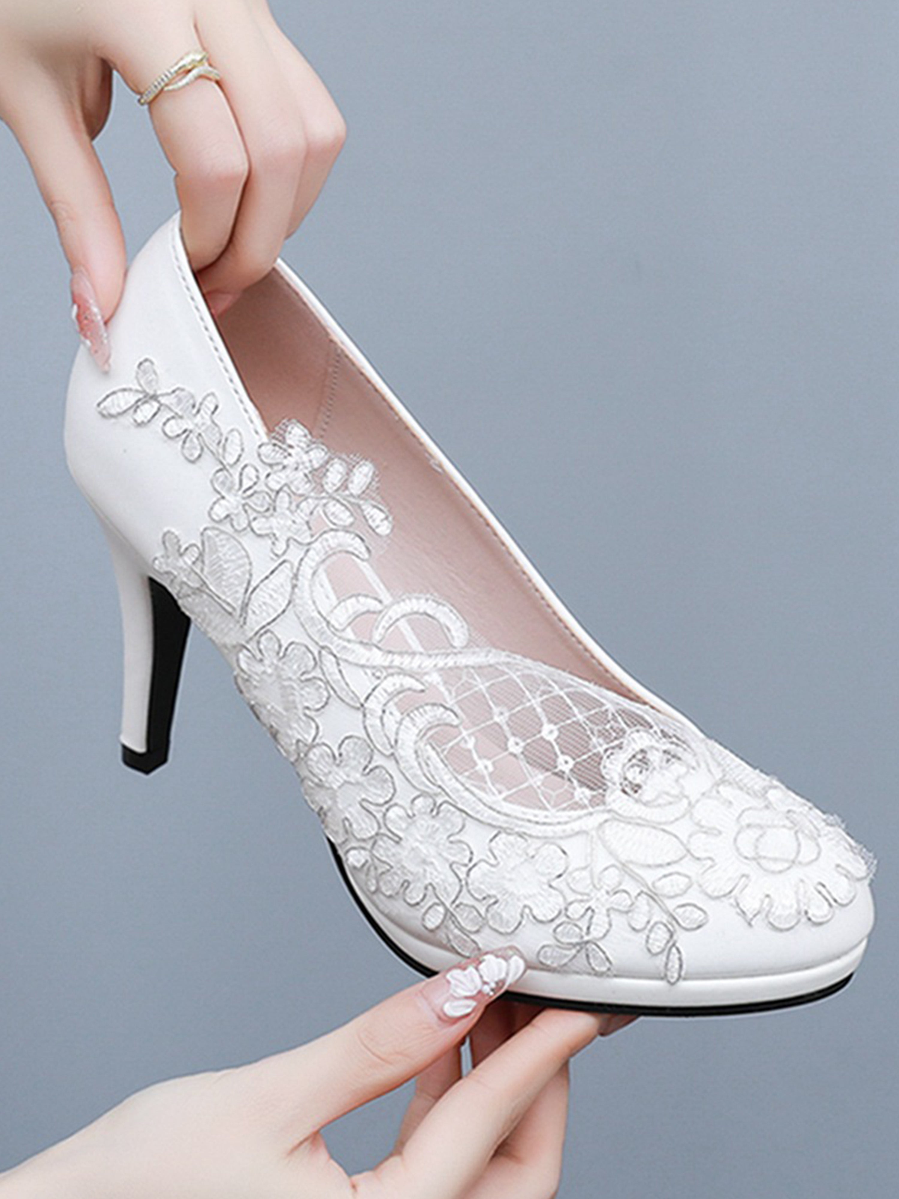 Lace Mesh High Heel Waterproof White Wedding Shoes