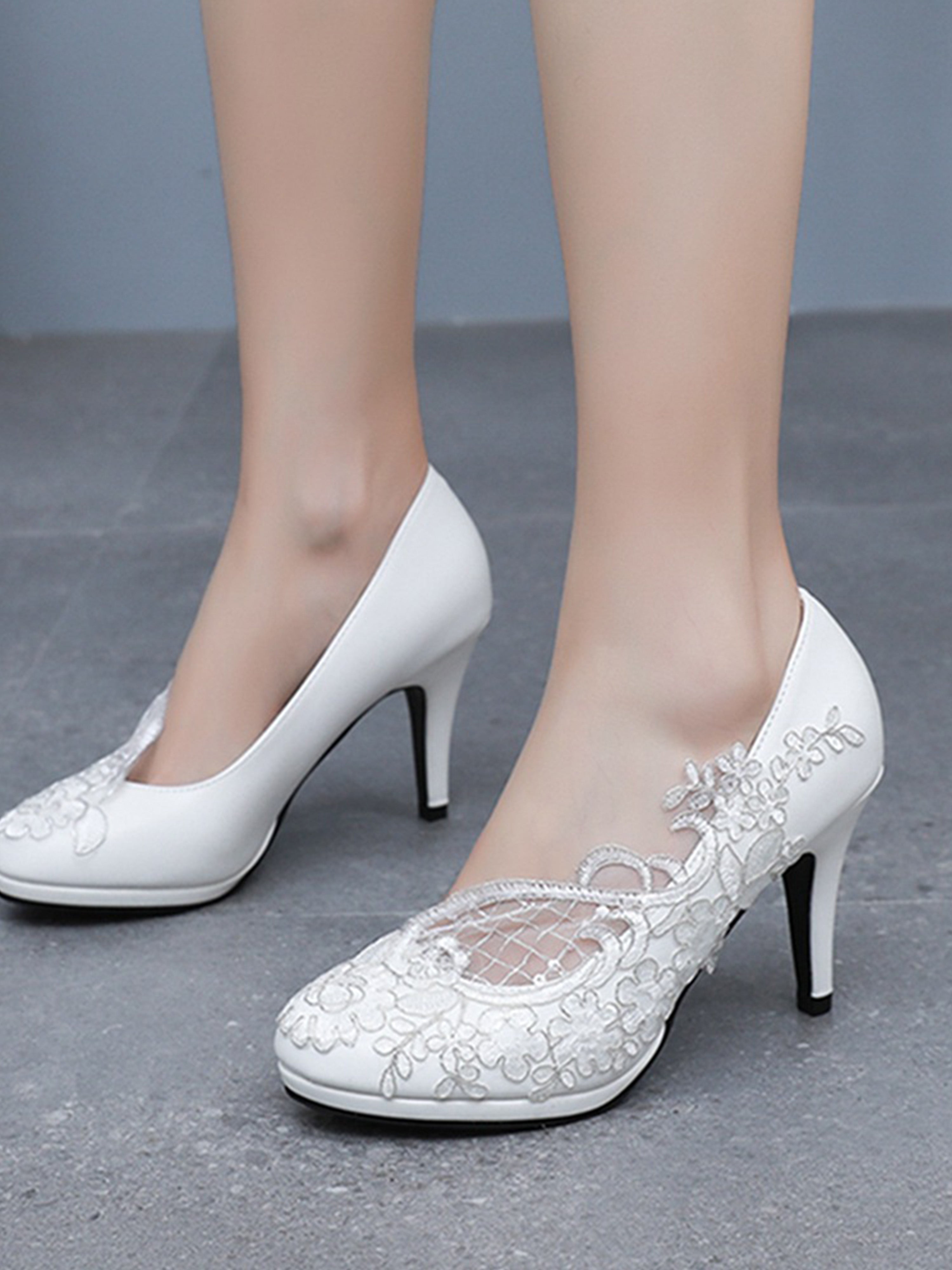 Lace Mesh High Heel Waterproof White Wedding Shoes