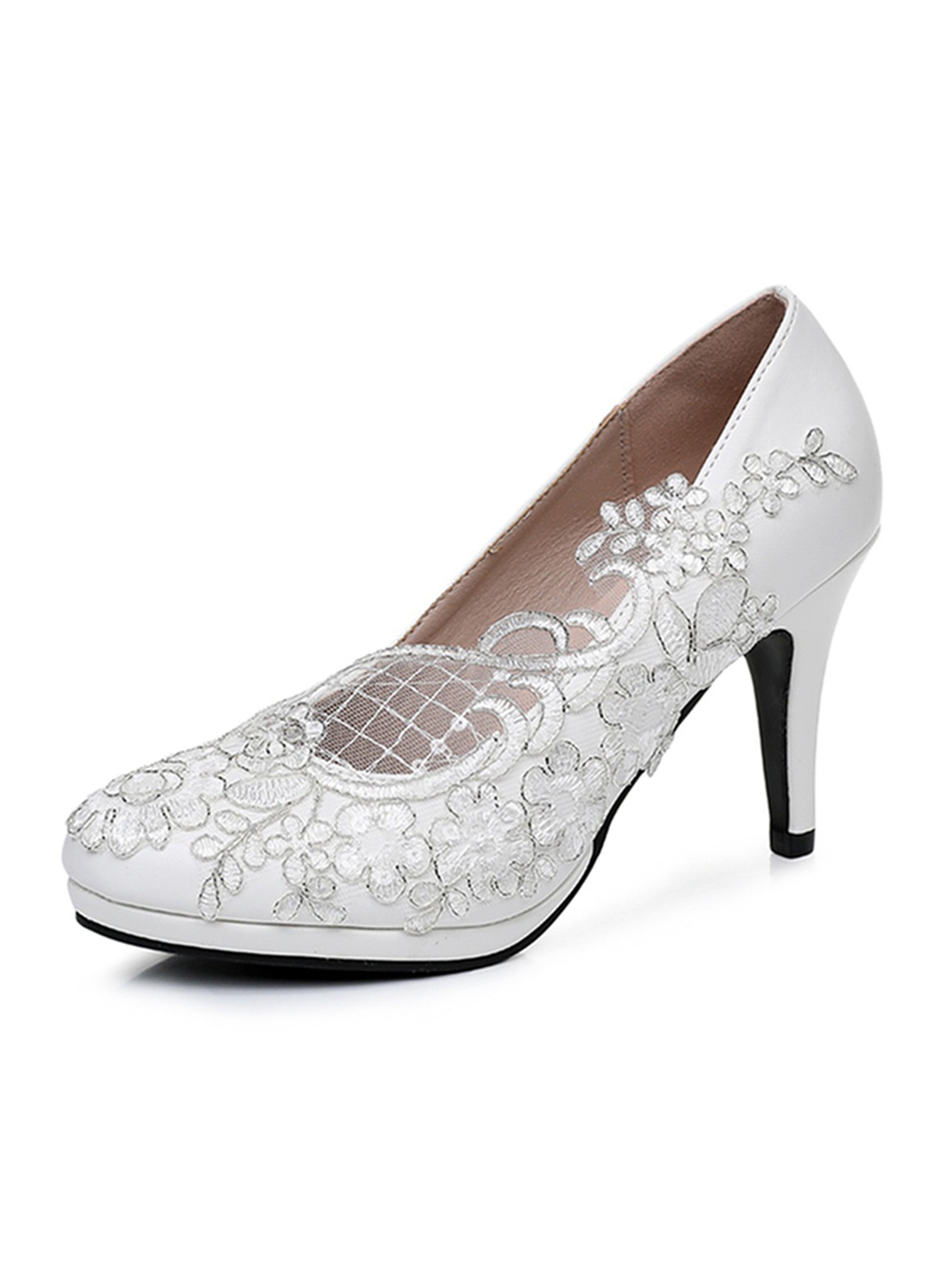 Lace Mesh High Heel Waterproof White Wedding Shoes