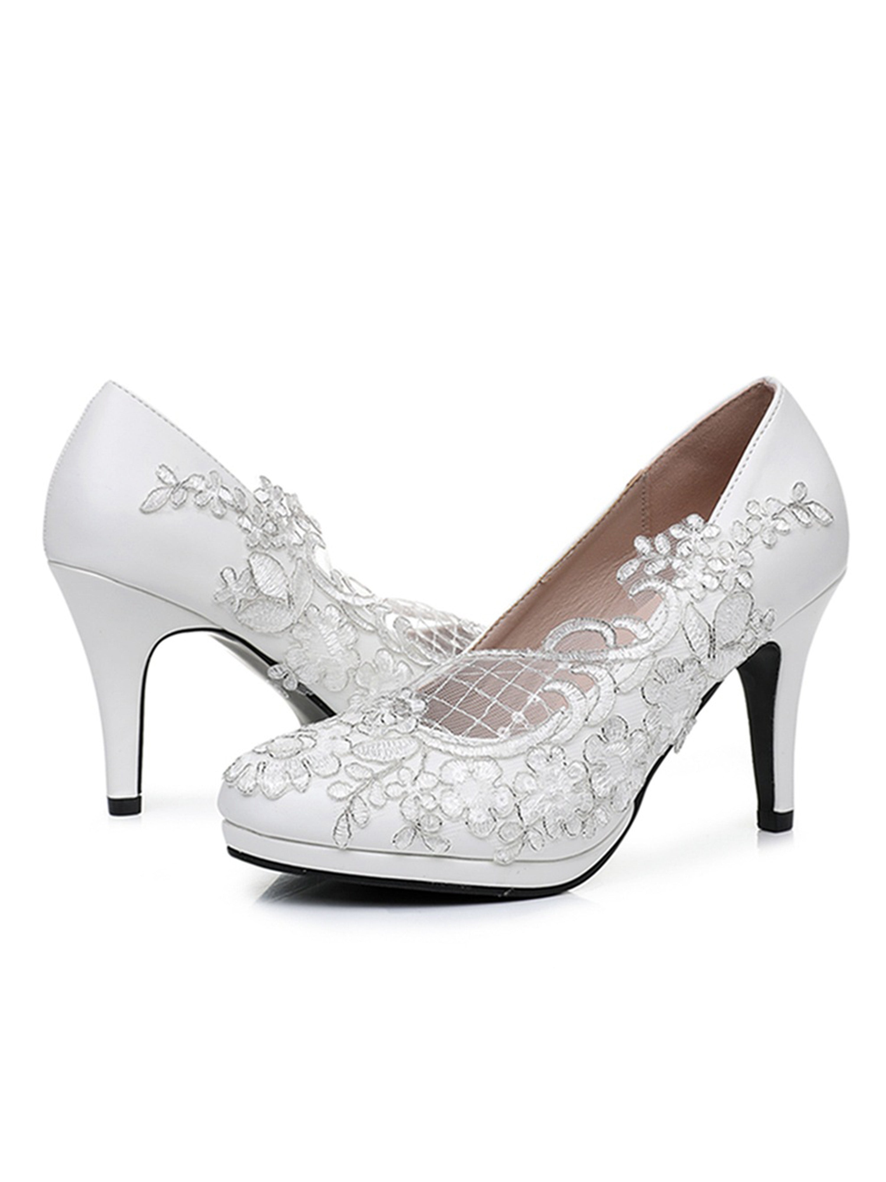 Lace Mesh High Heel Waterproof White Wedding Shoes