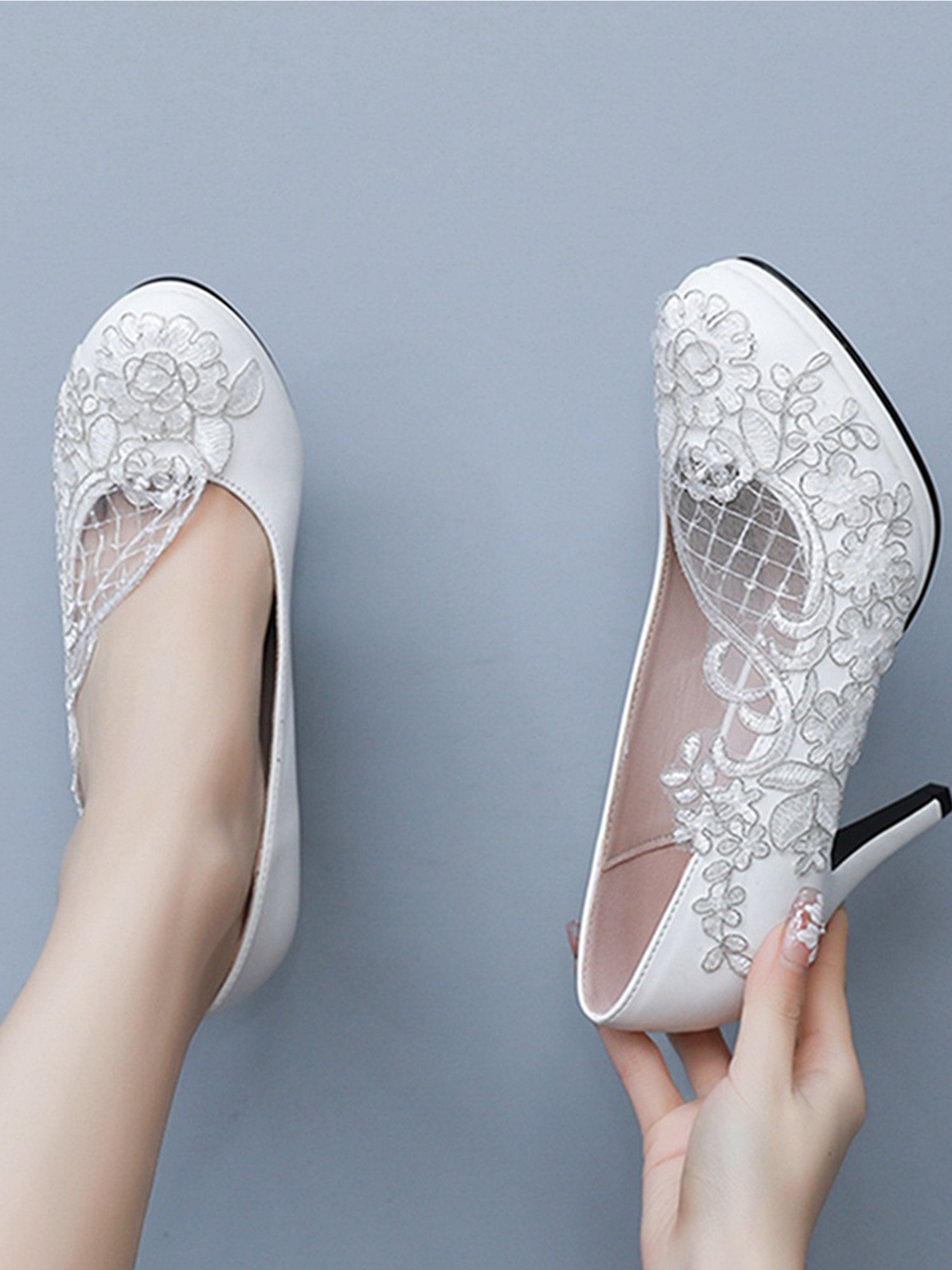 Lace Mesh High Heel Waterproof White Wedding Shoes
