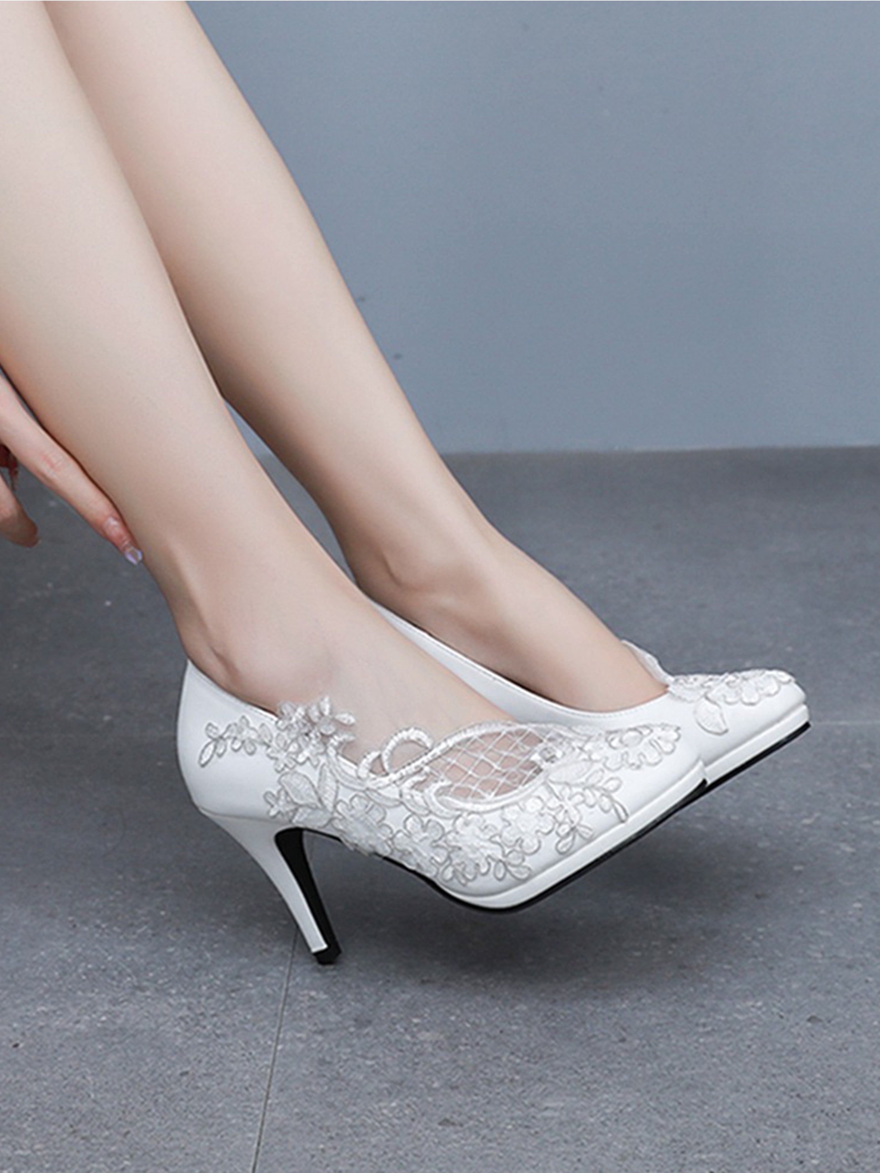 Lace Mesh High Heel Waterproof White Wedding Shoes