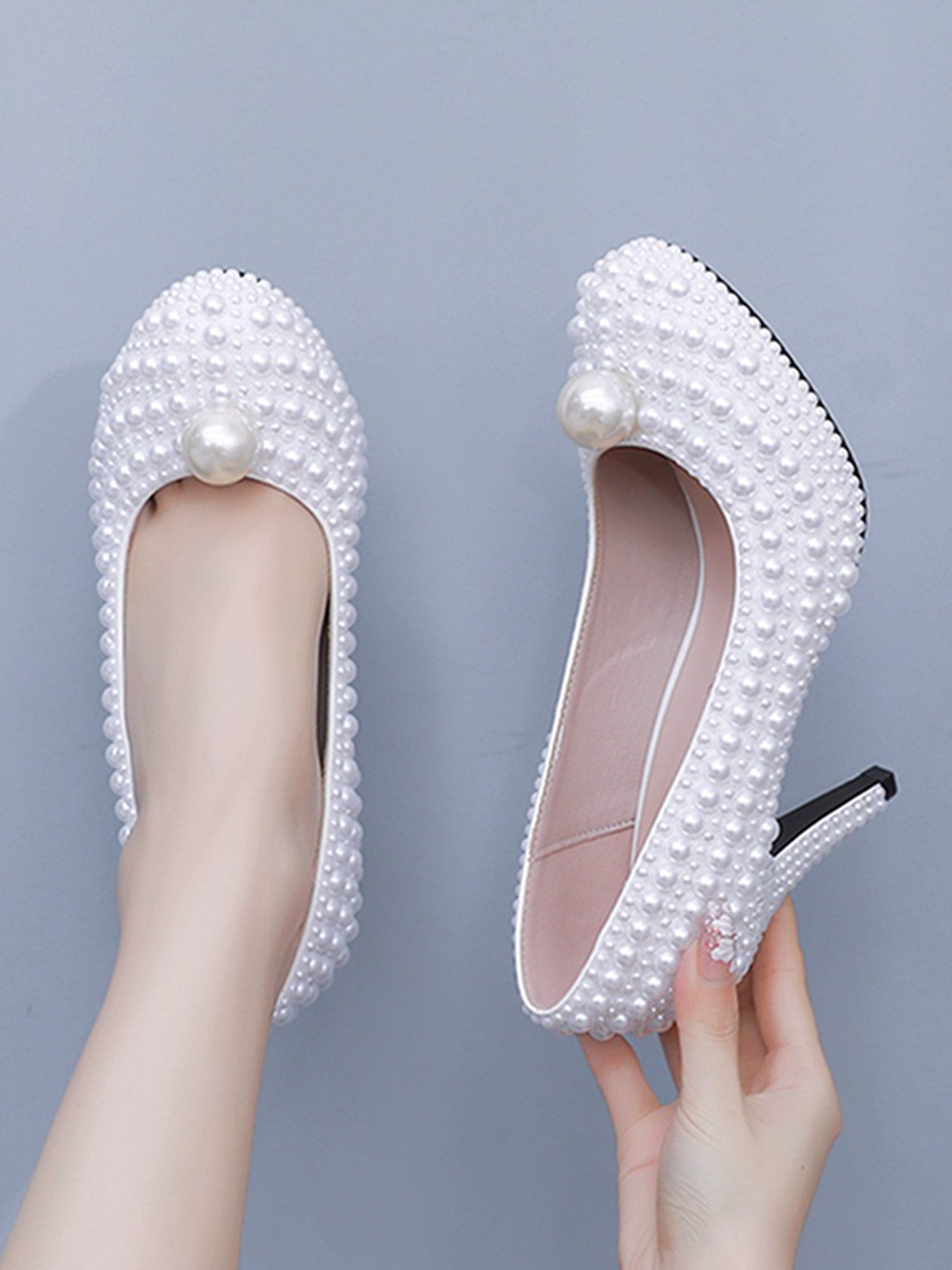 High Heel Waterproof White Wedding Shoes with White Pearl