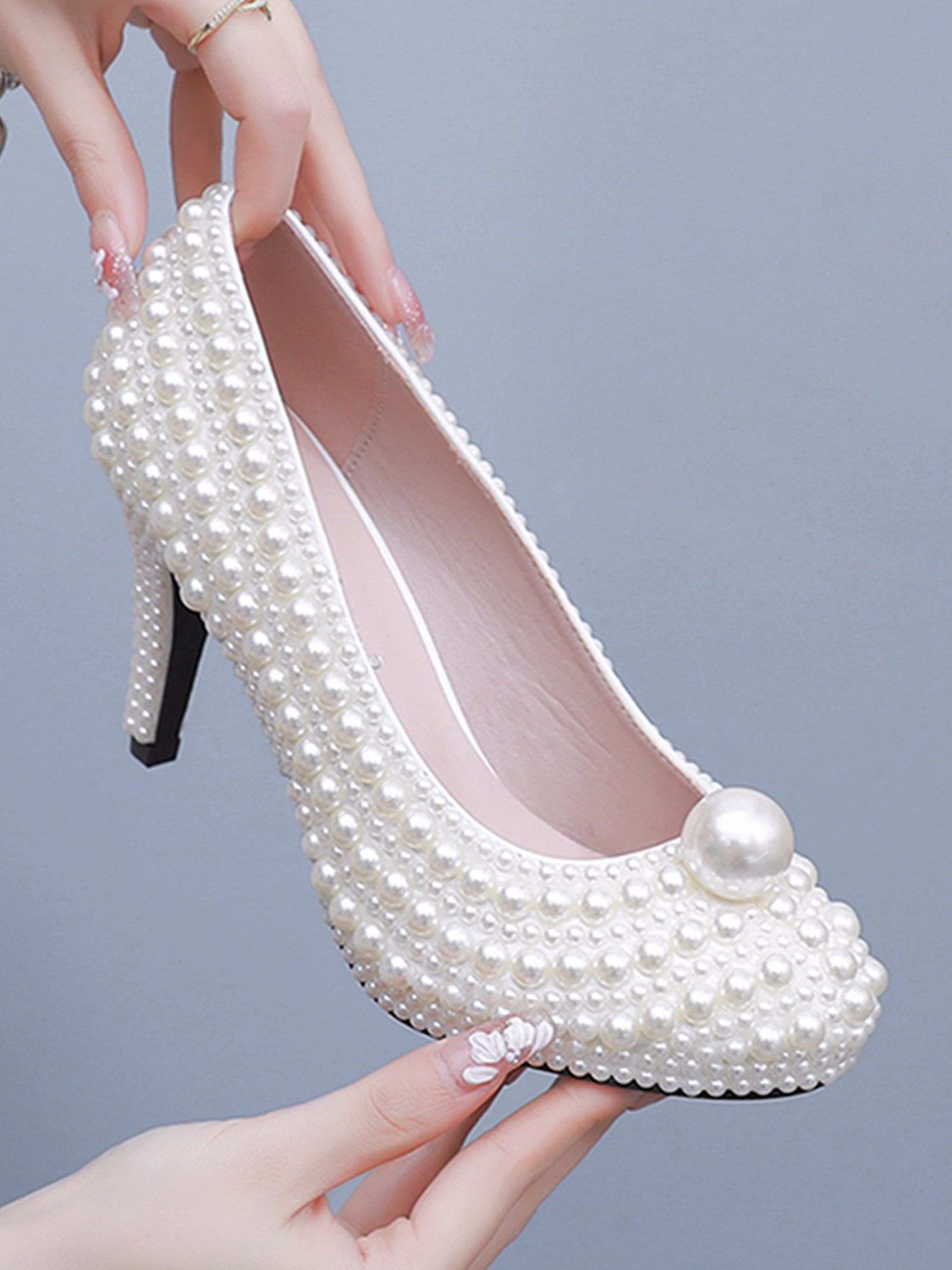 High Heel Waterproof White Wedding Shoes with White Pearl
