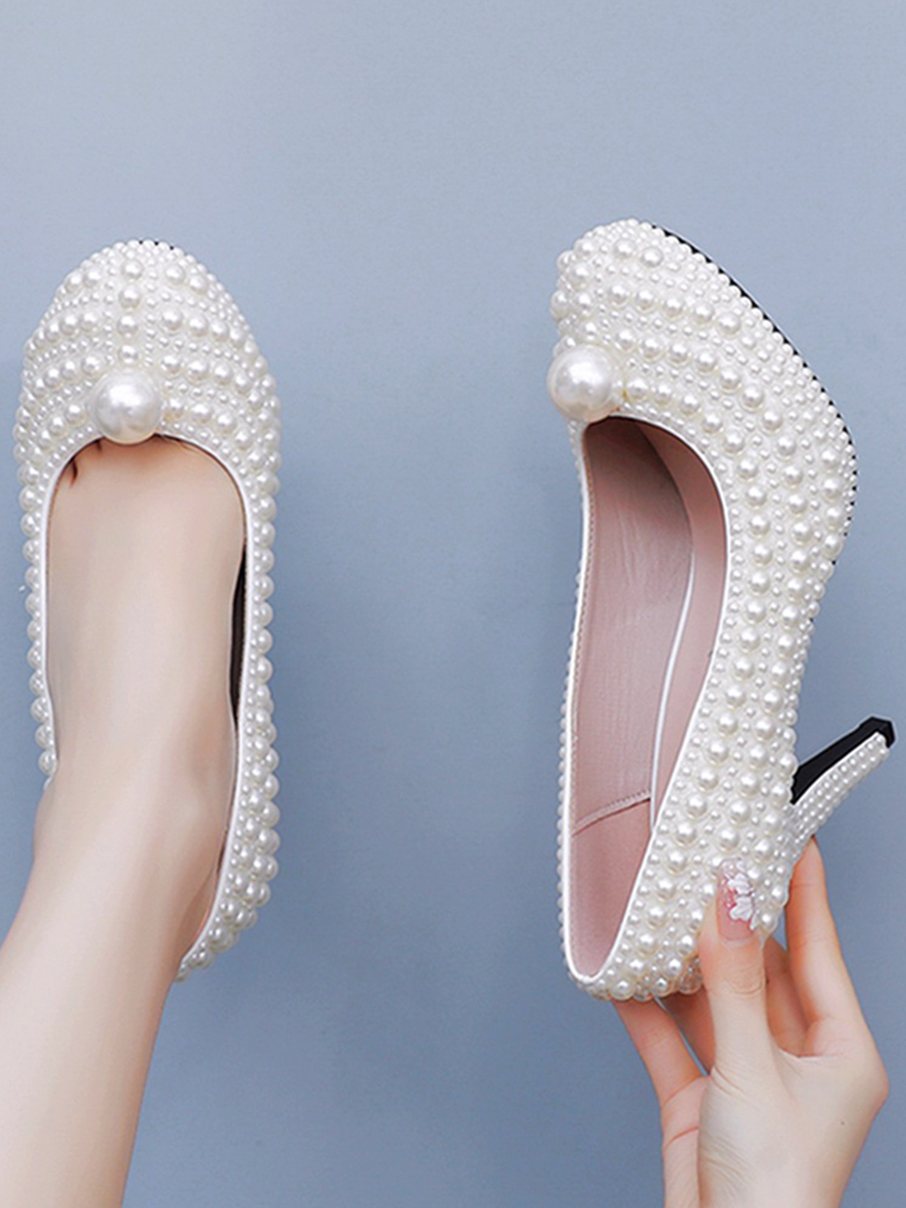 High Heel Waterproof White Wedding Shoes with White Pearl