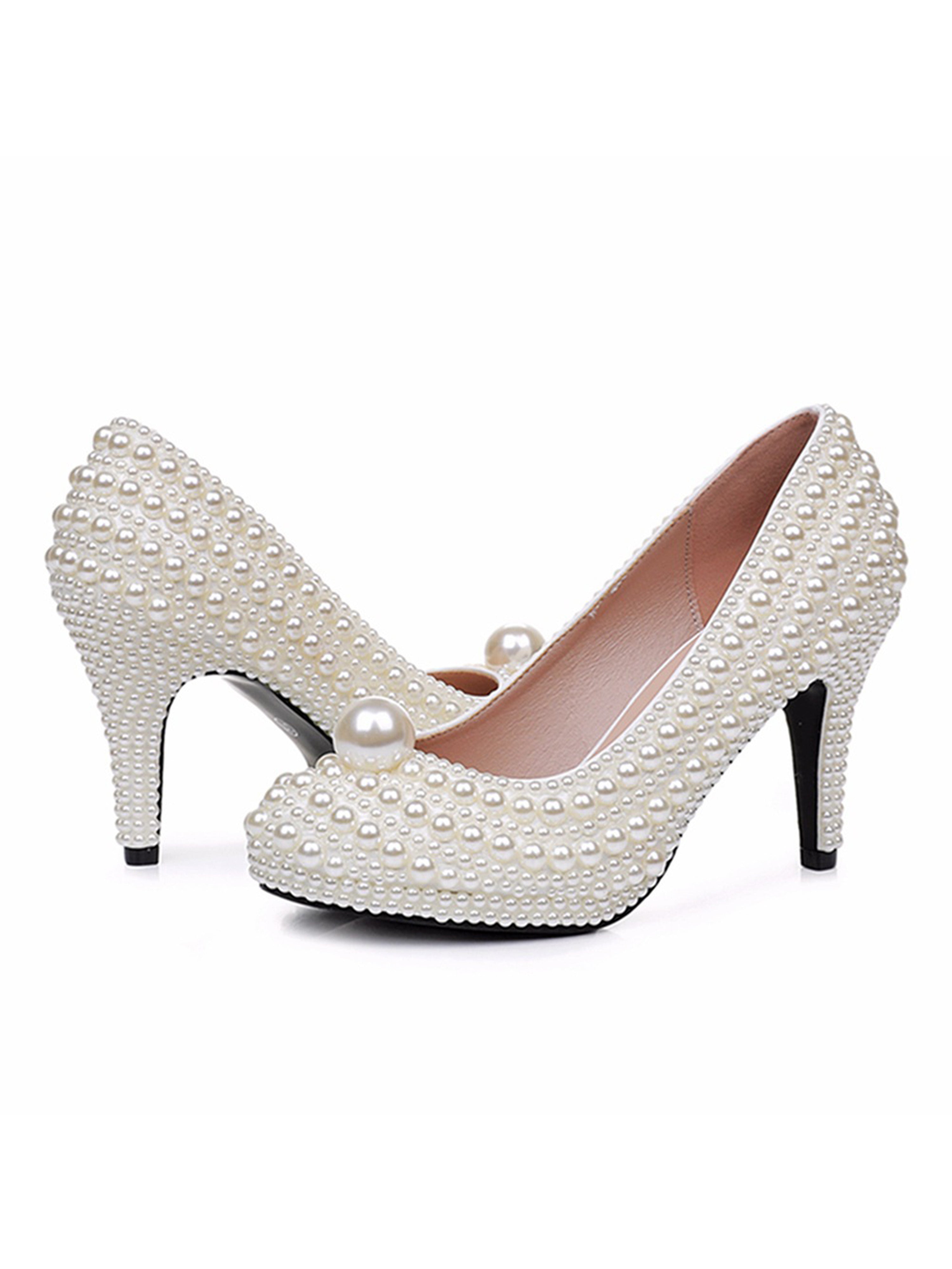 High Heel Waterproof White Wedding Shoes with White Pearl