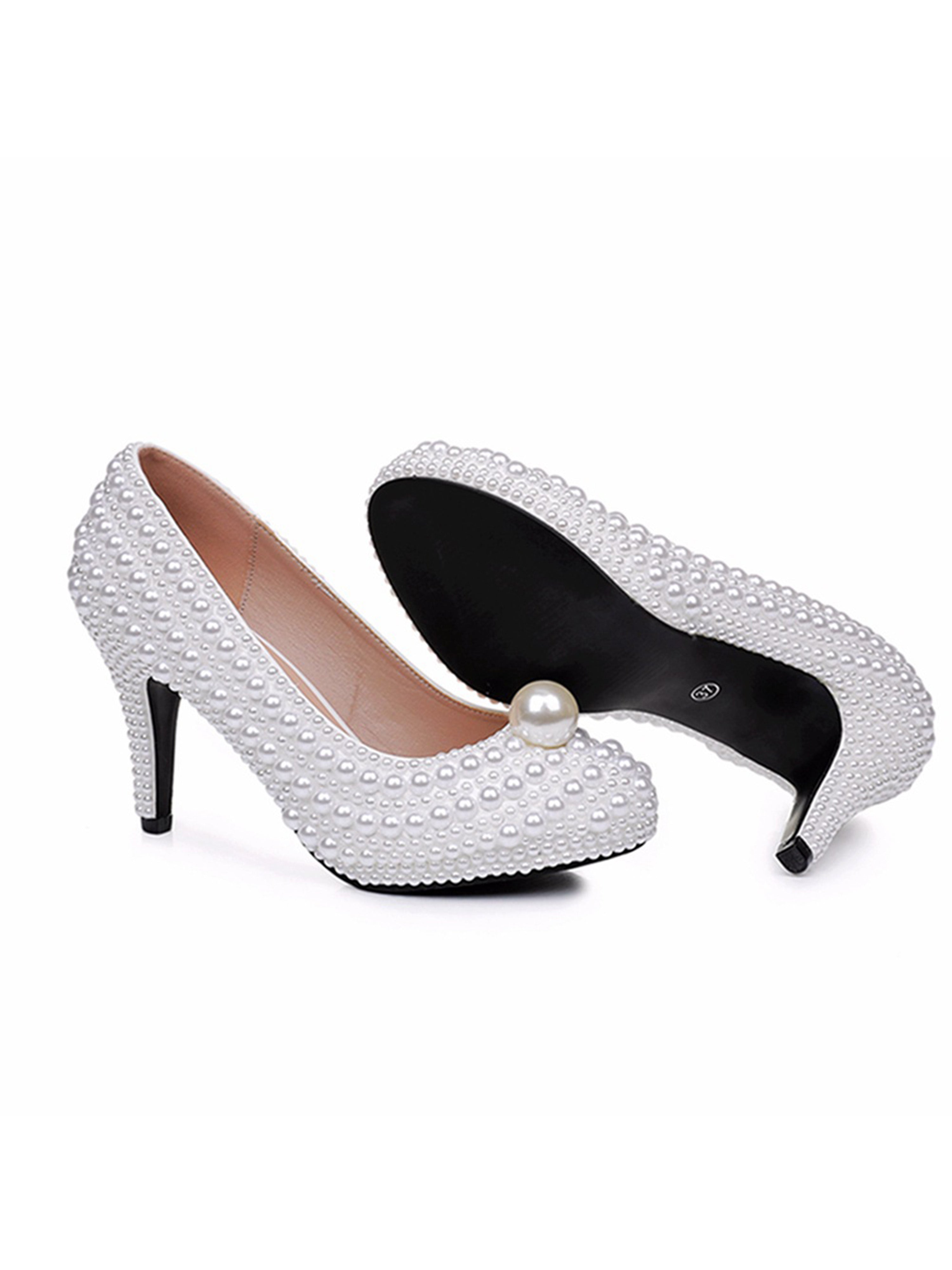 High Heel Waterproof White Wedding Shoes with White Pearl