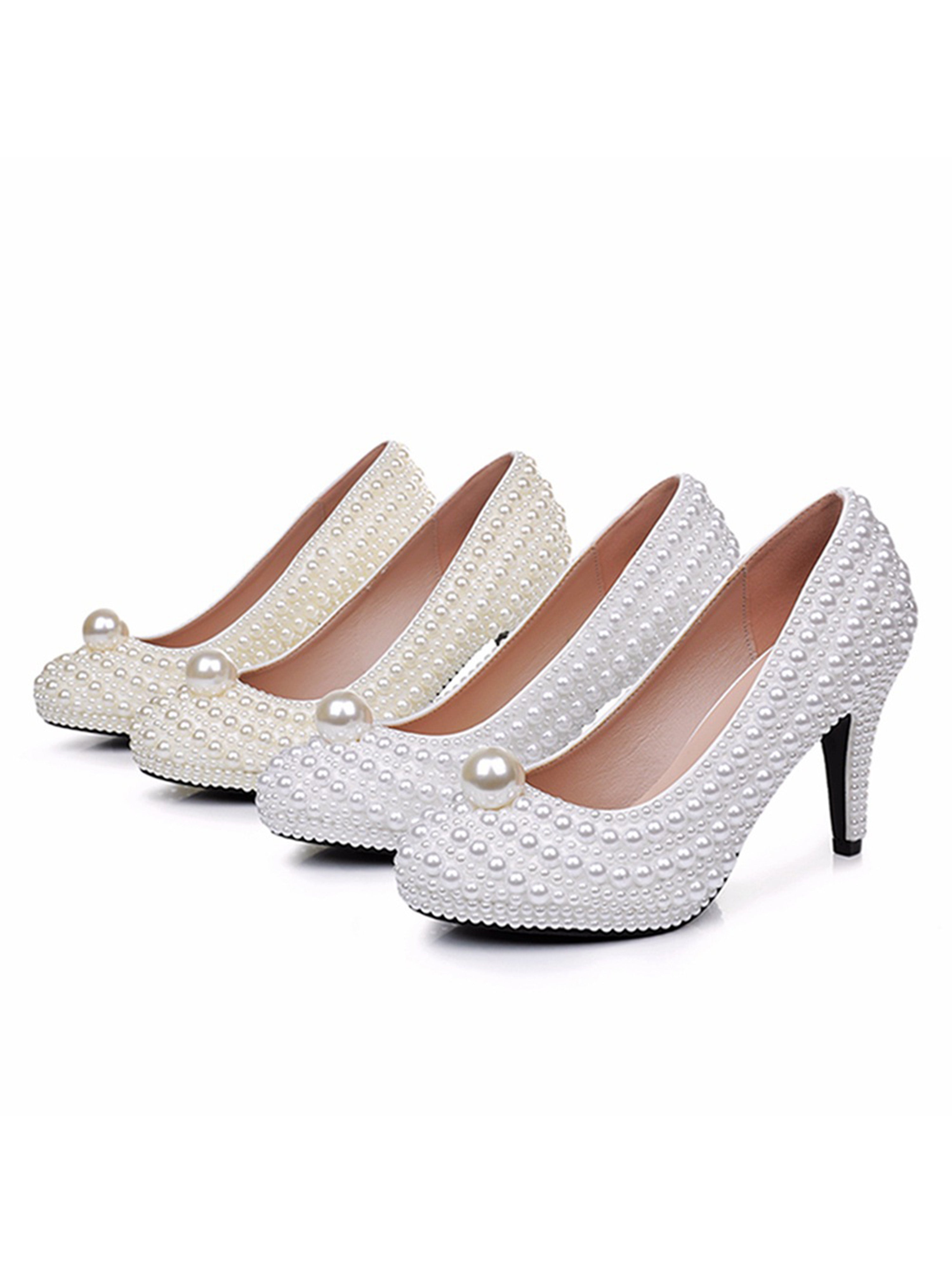 High Heel Waterproof White Wedding Shoes with White Pearl