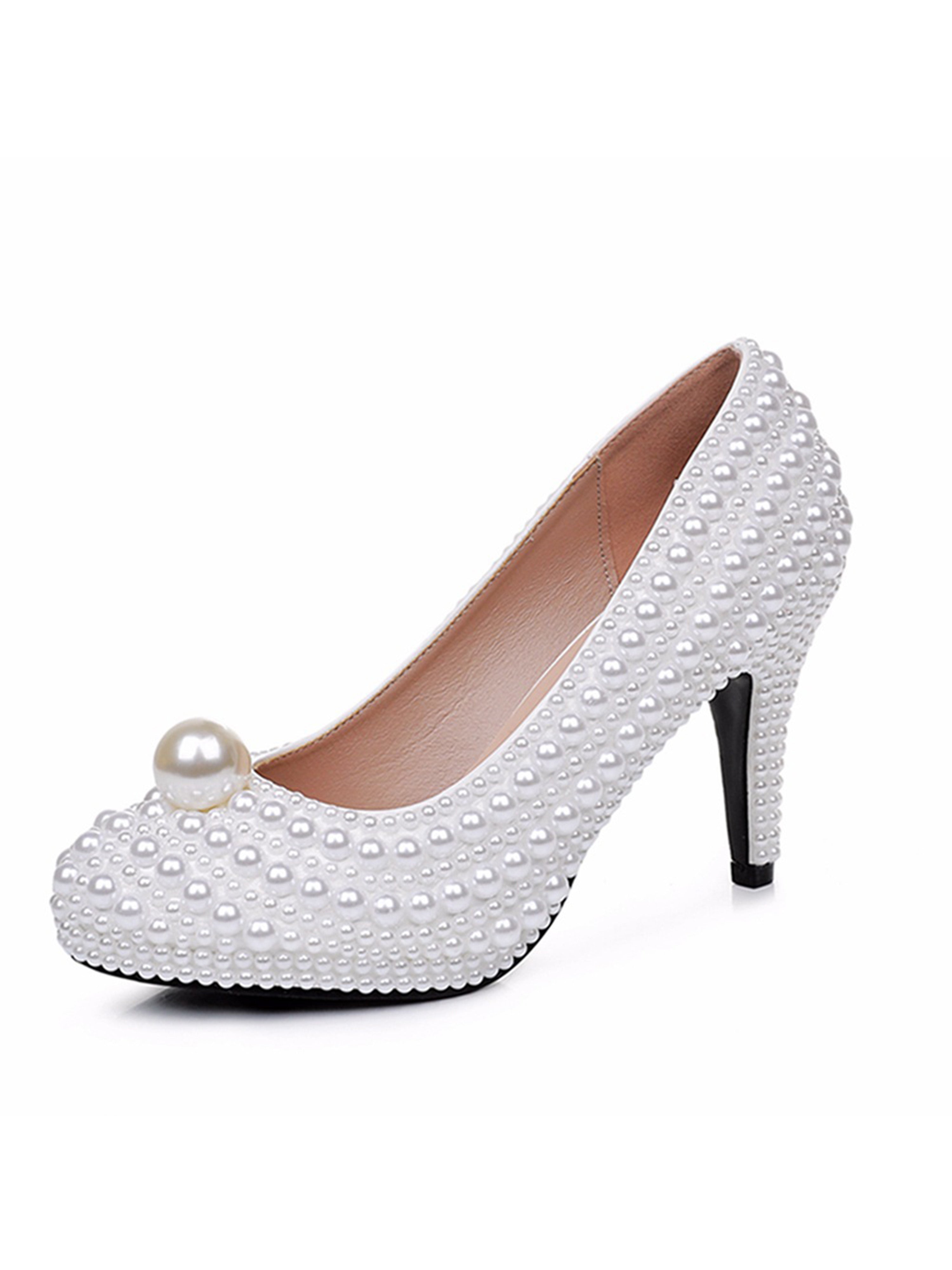High Heel Waterproof White Wedding Shoes with White Pearl