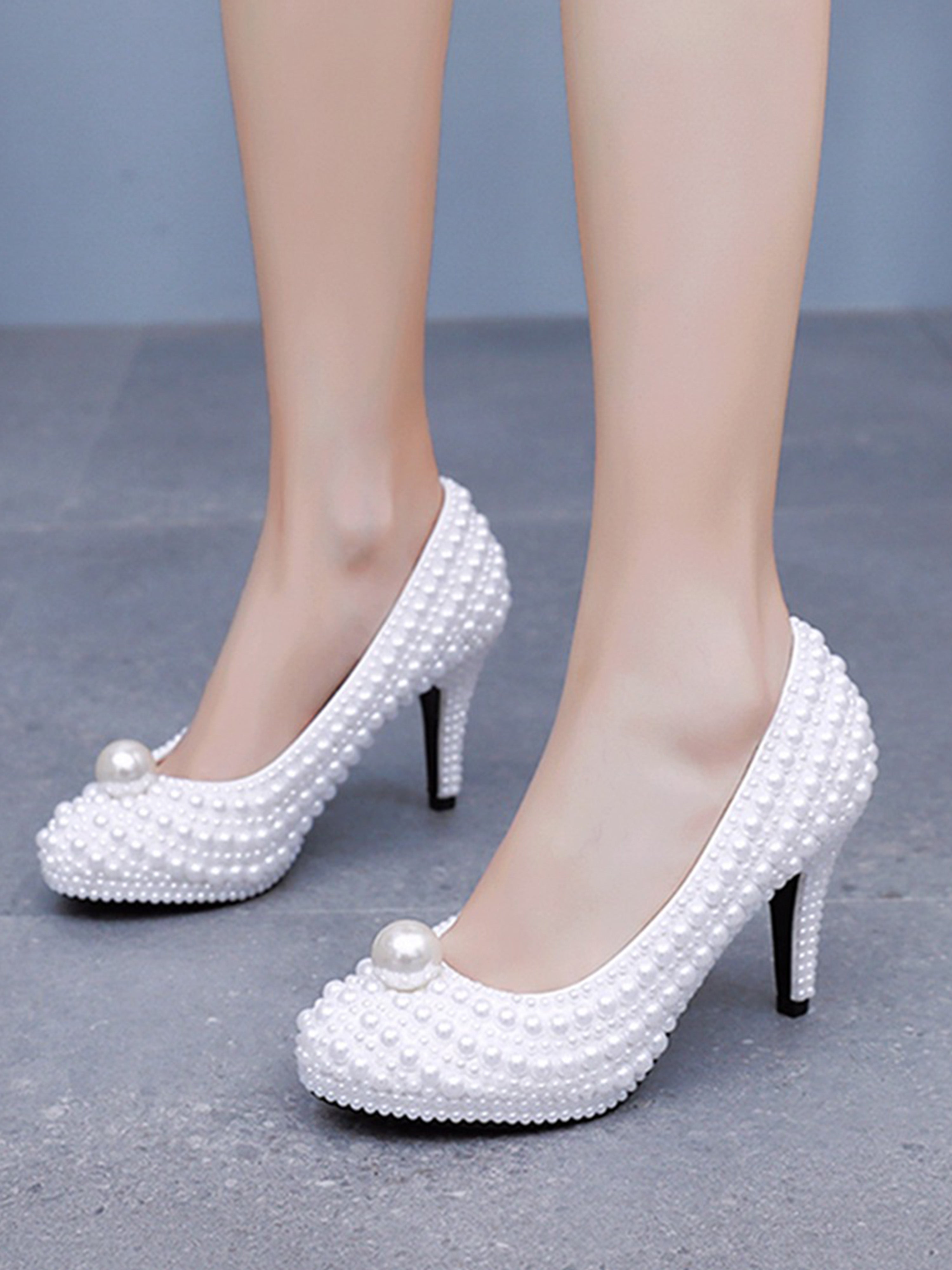 High Heel Waterproof White Wedding Shoes with White Pearl