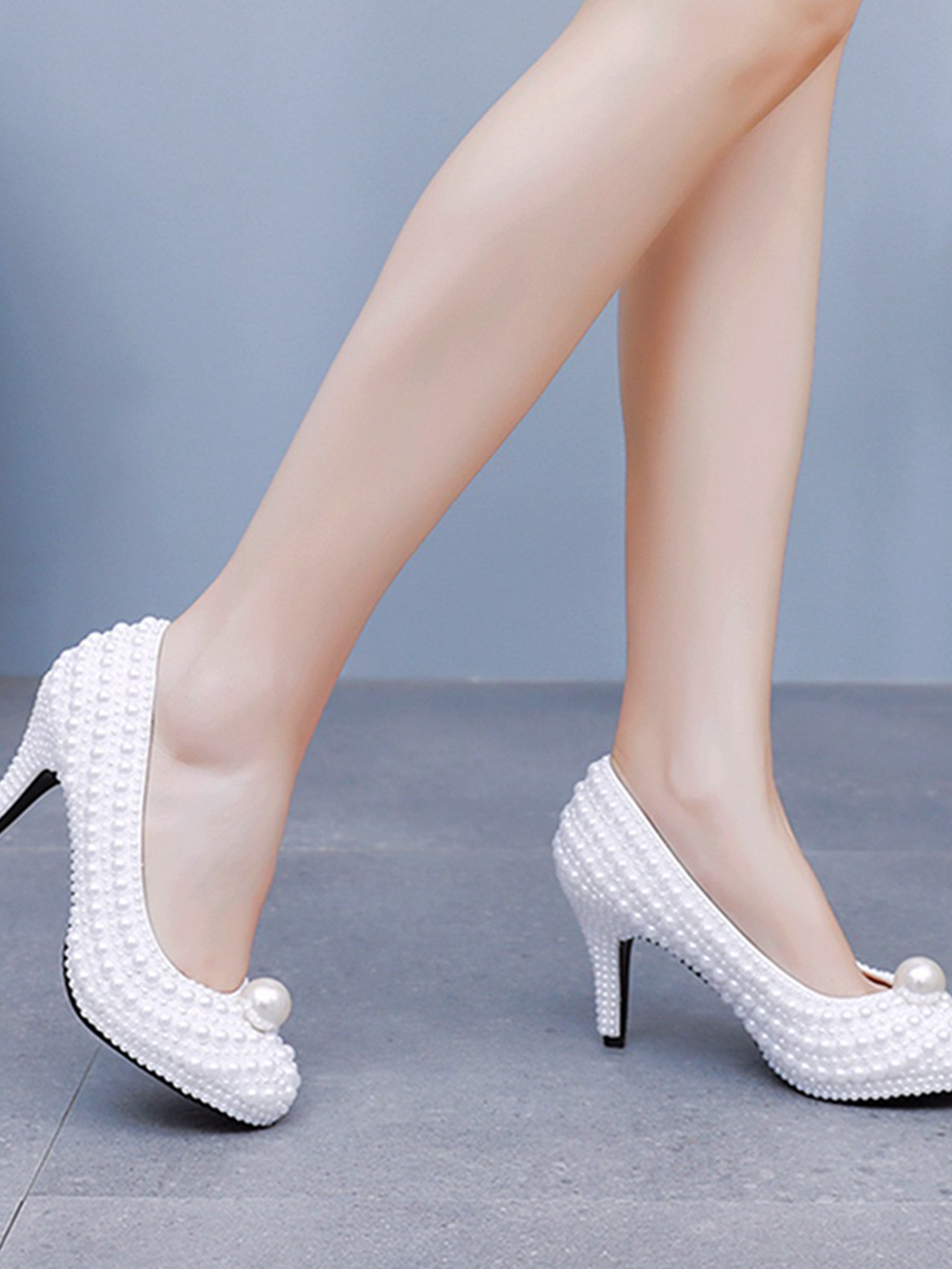 High Heel Waterproof White Wedding Shoes with White Pearl