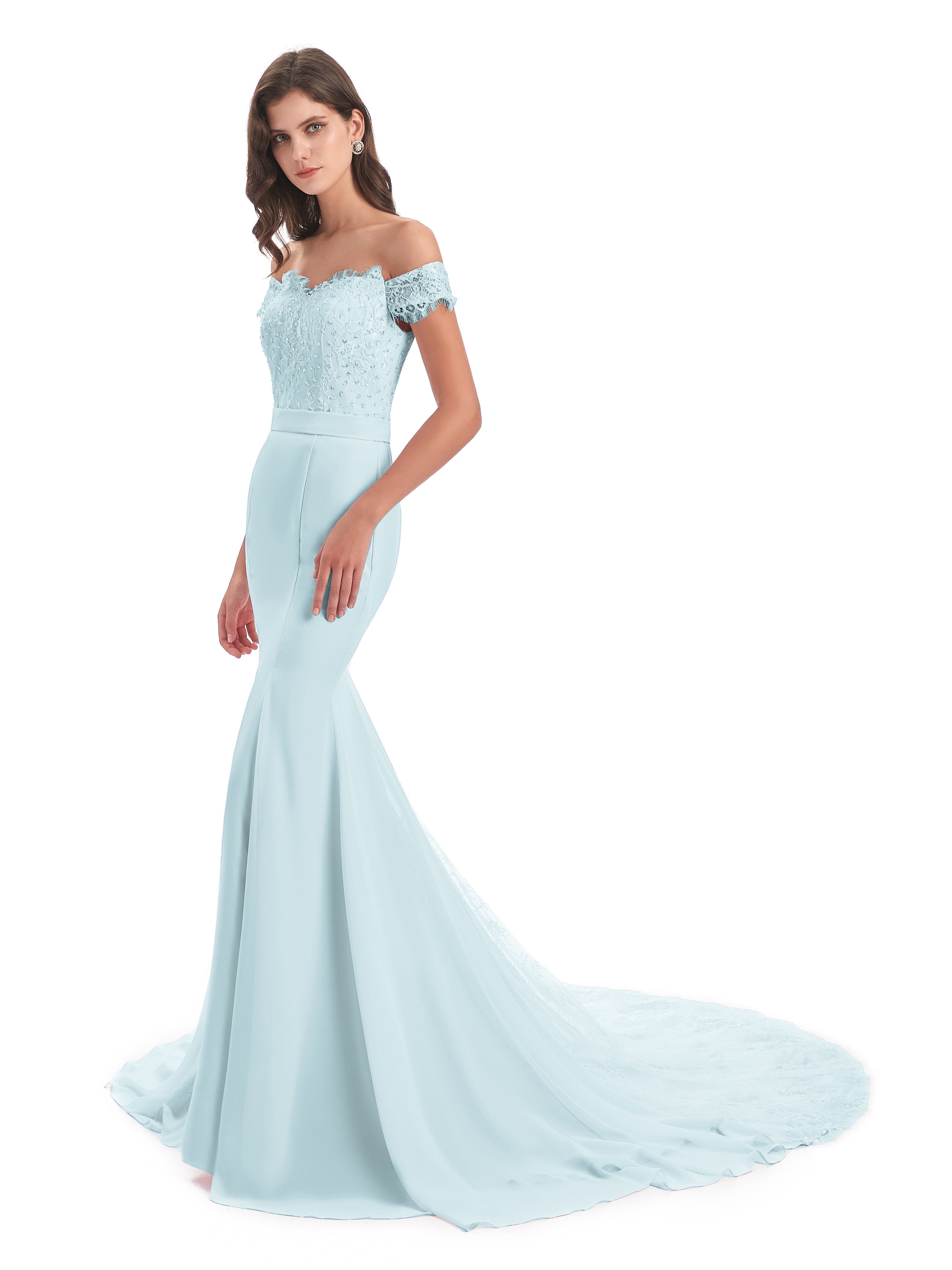 Mist Blue Bridesmaid Dress Carlee Pretty Lace Beading Court Train Long