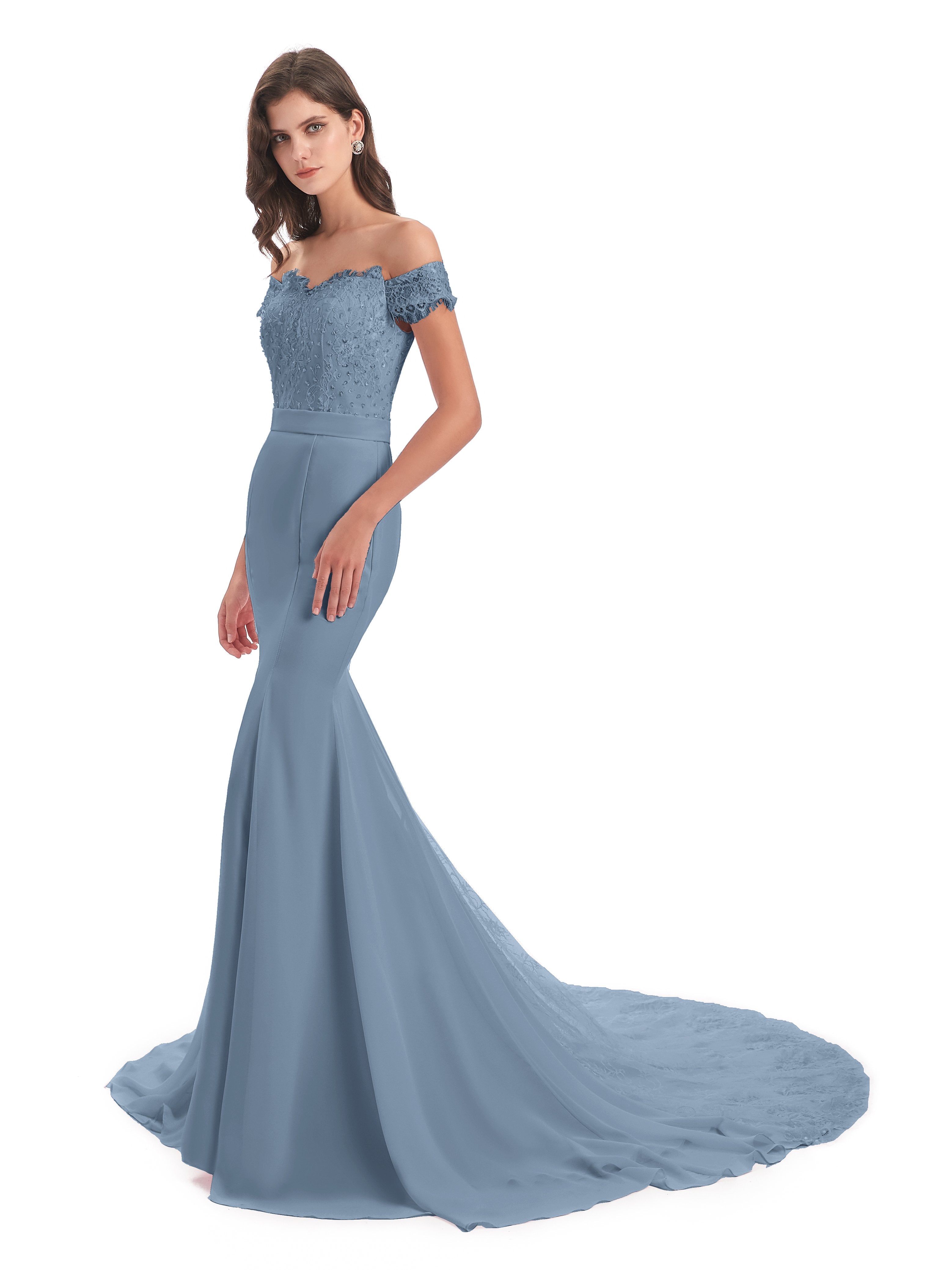 Bridesmaid Dresses Slate Blue Carlee Pretty Lace Beading Court Train L