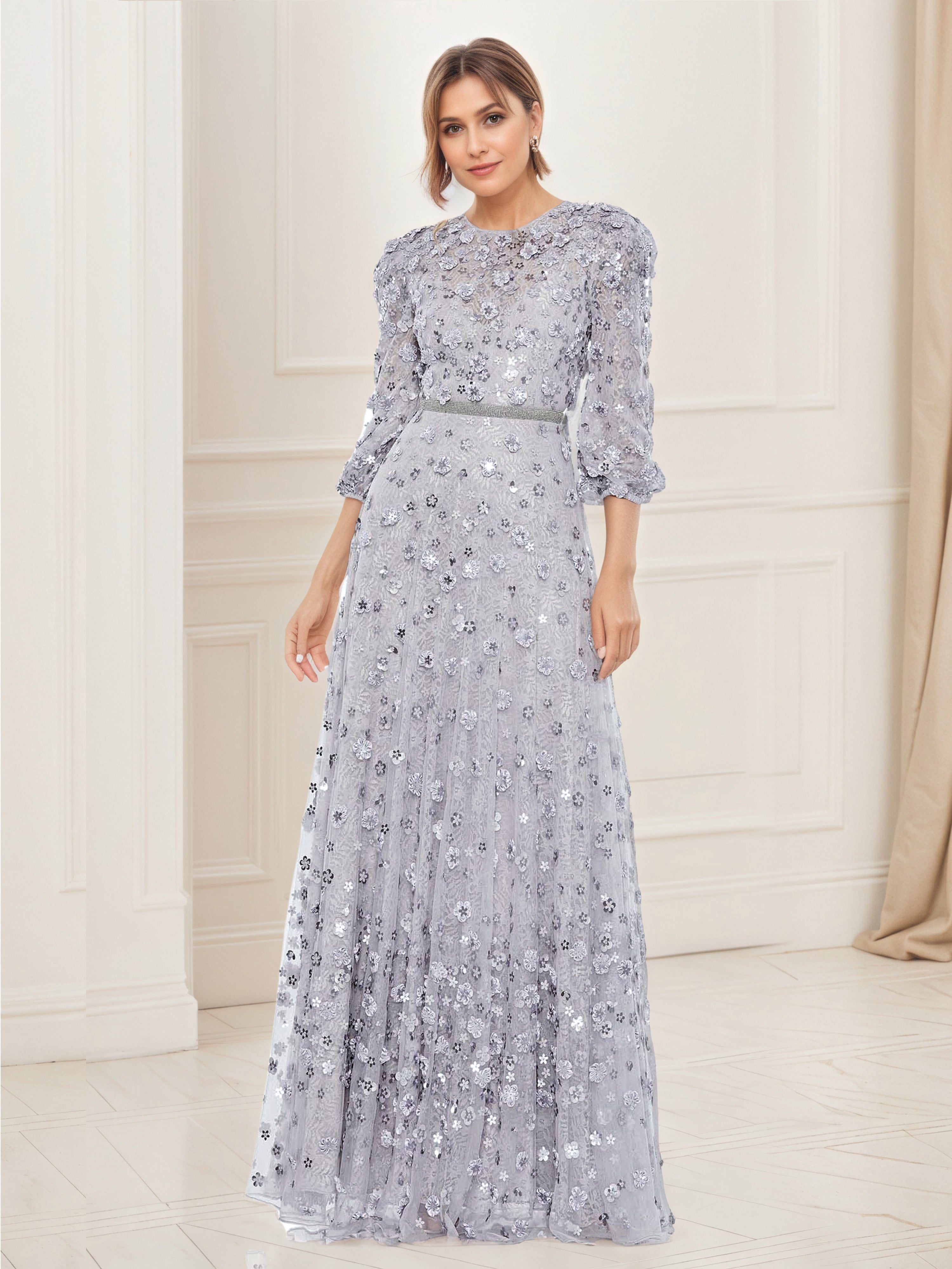Silver Prom Dresses Women's Dress Floral Appliques 3/4 Sleeve A-Line P Silver Prom Dresses Women's Dress Floral Appliques 3/4 Sleeve A-Line P
