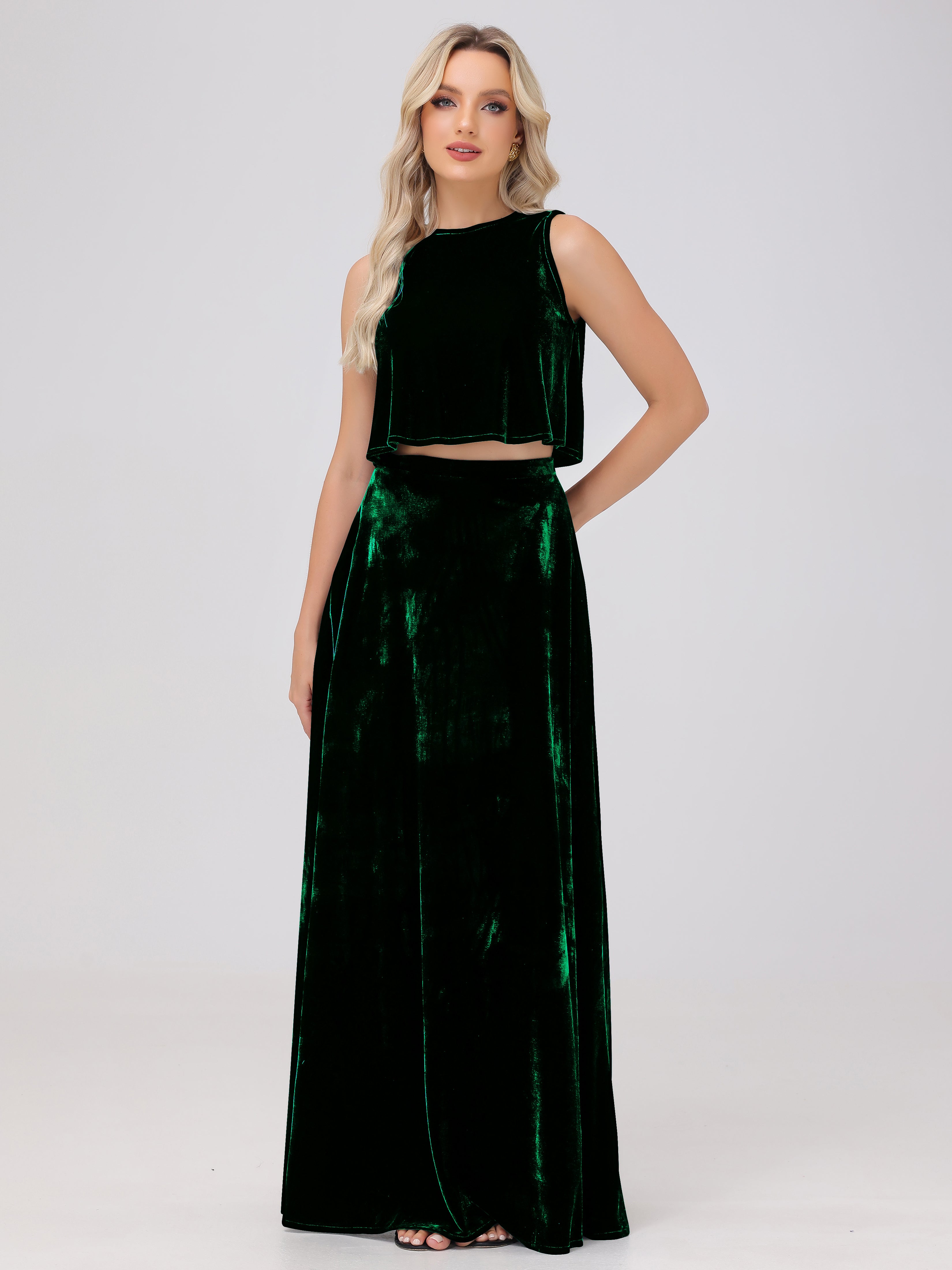 2 Piece Halter Sleeveless Long Velvet Bridesmaid Dresses With Split 2 Piece Halter Sleeveless Long Velvet Bridesmaid Dresses With Split