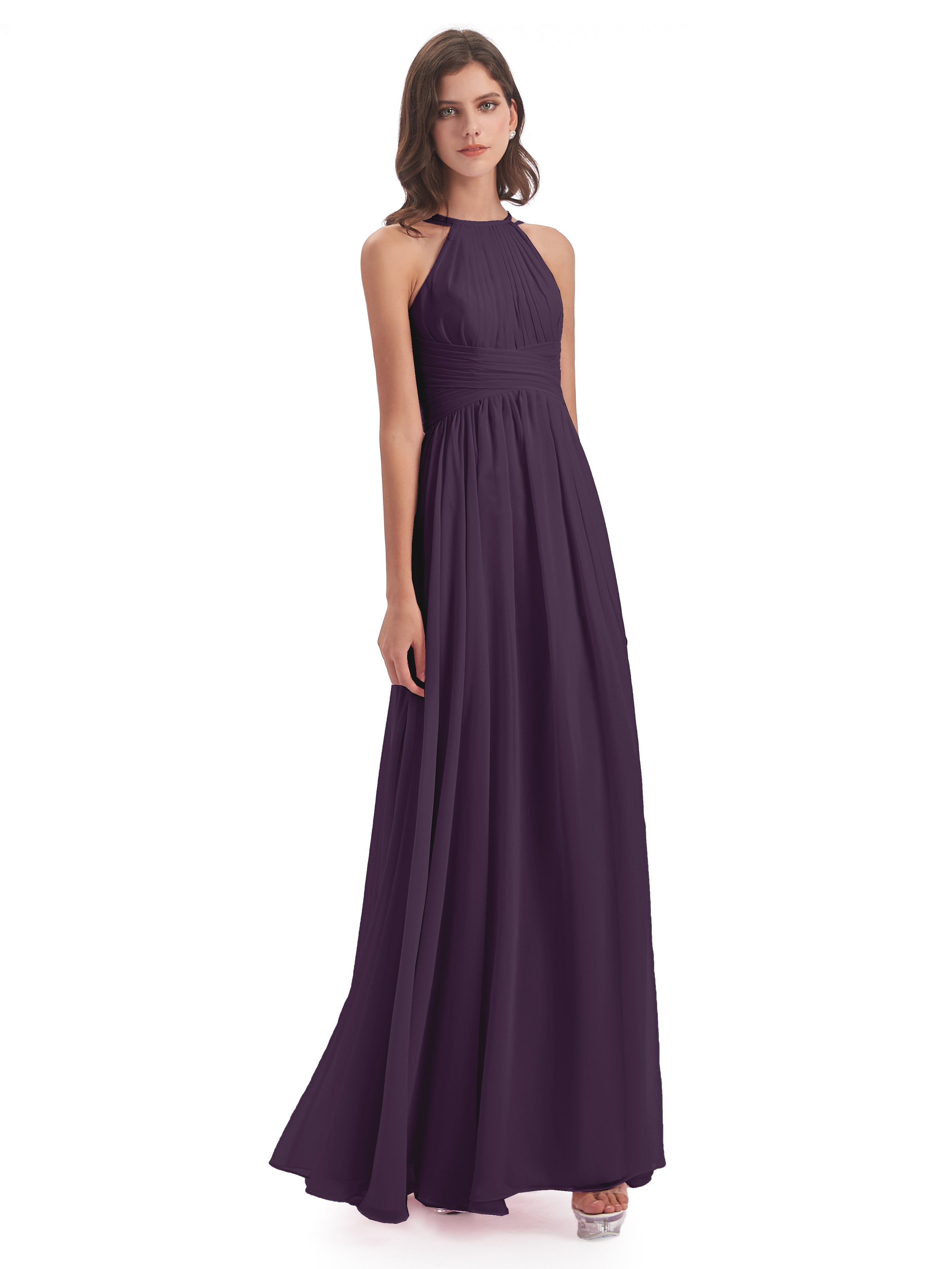 Plum Bridesmaids Dress Halter A Line Floor-Length Chiffon Bridesmaid D