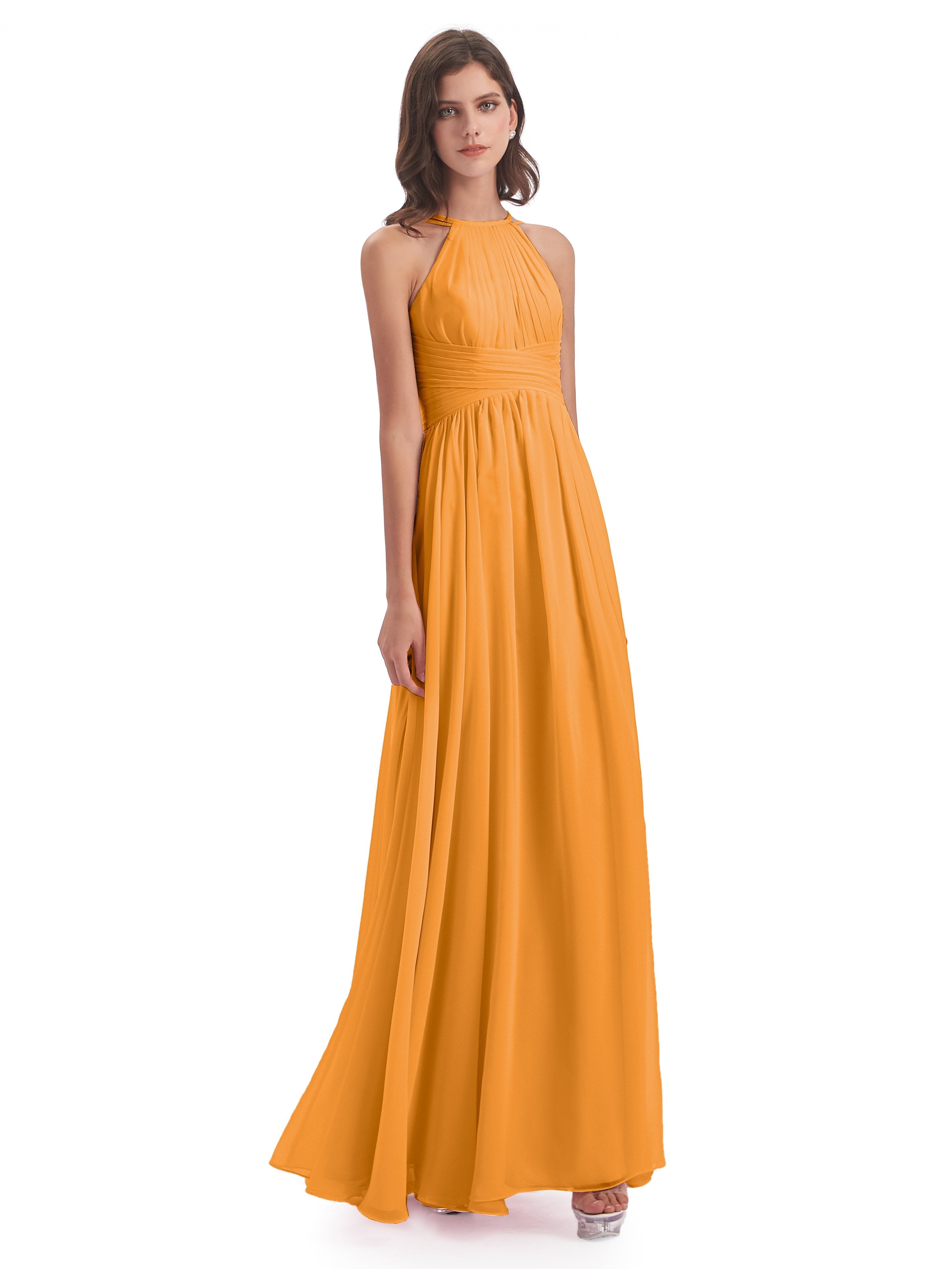 Tangerine Bridesmaids Dresses Halter A Line Floor-Length Chiffon Bride