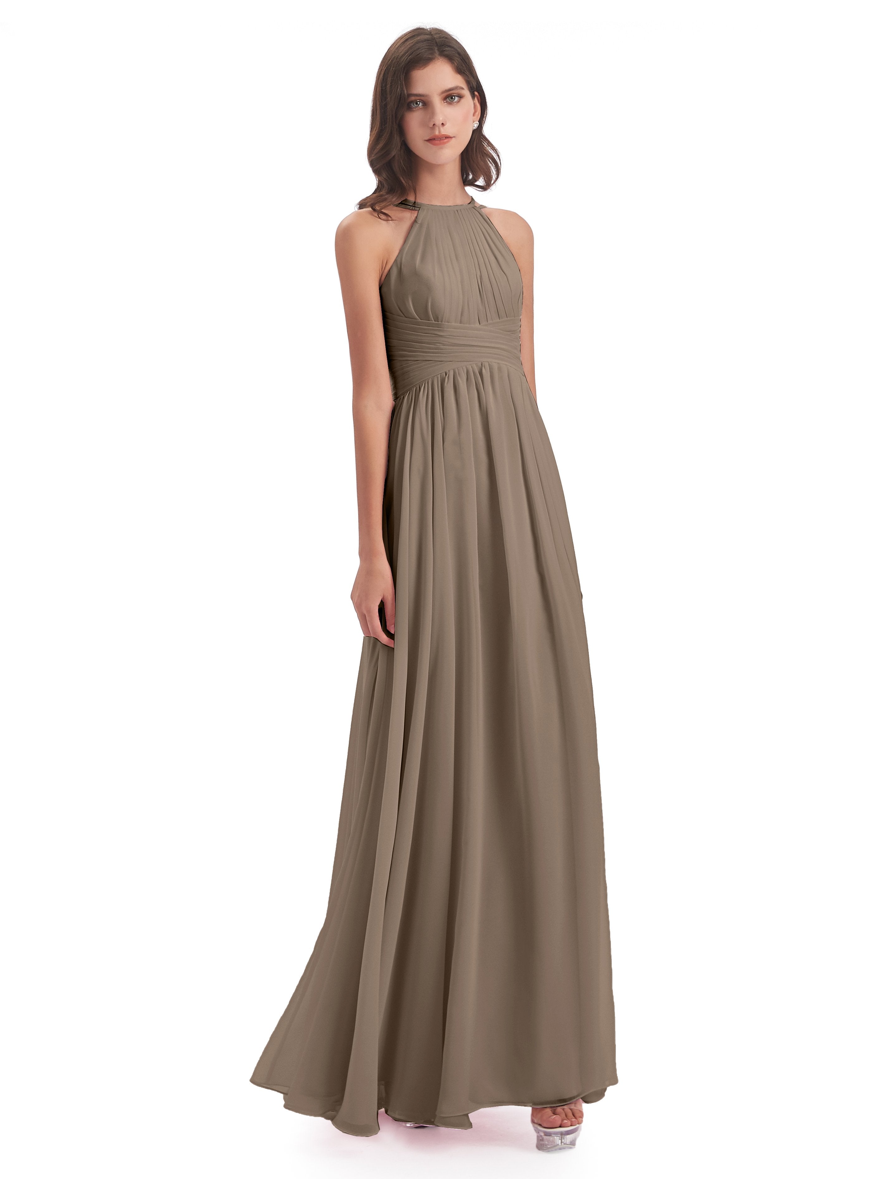 Bridesmaids Dresses Taupe Halter A Line Floor-Length Chiffon Bridesmai