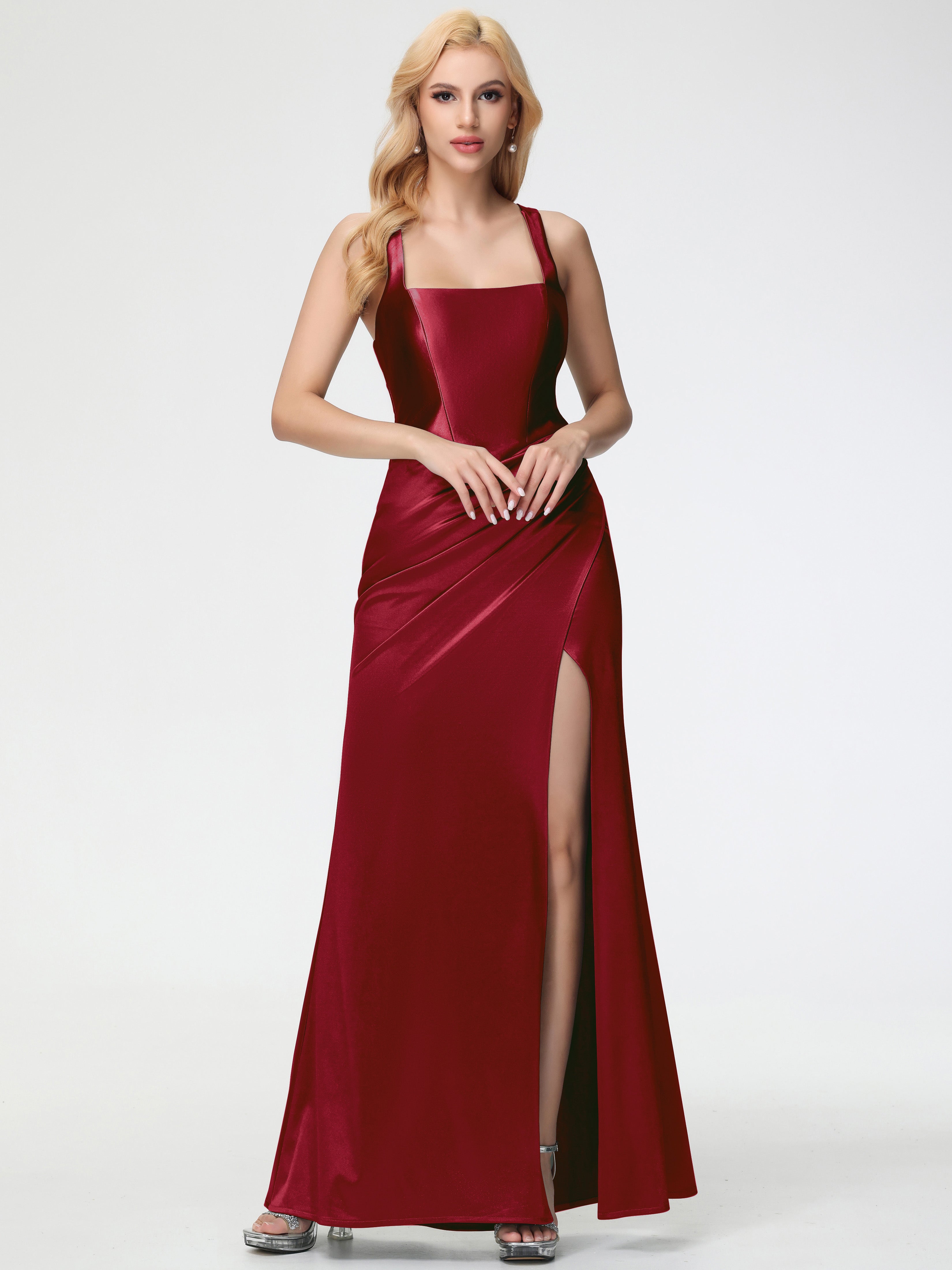 Burgundy Satin Bridesmaid Dresses Square Neckline Pleats Stretch Satin